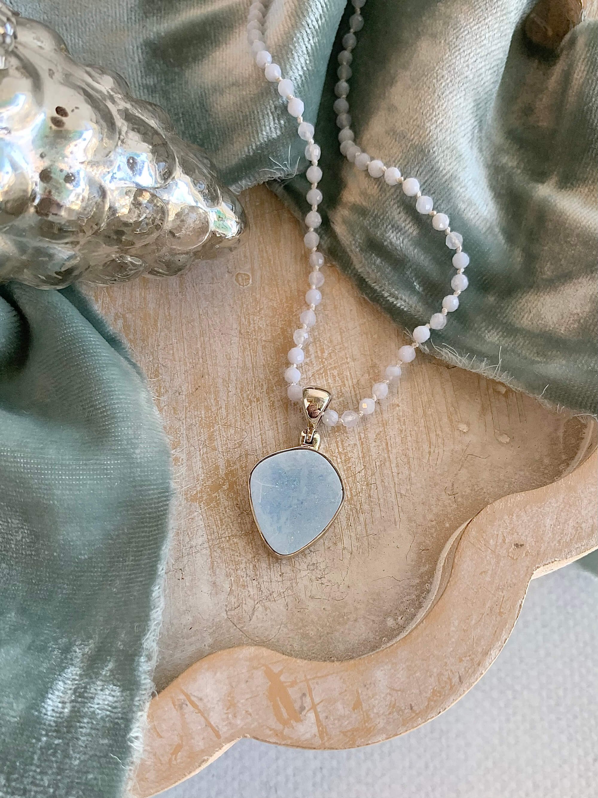Hand-Knotted Blue Lace Agate Opal Silver Necklace