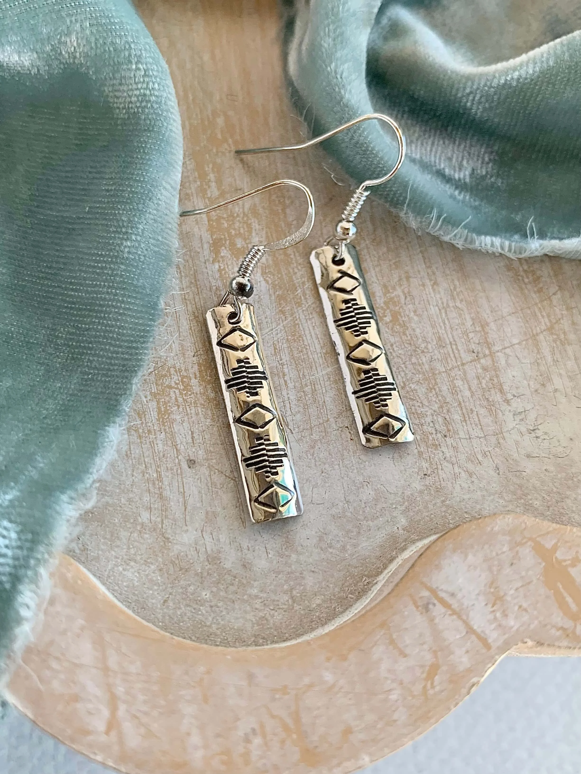 Stamped Diamond Lines Silver Earrings