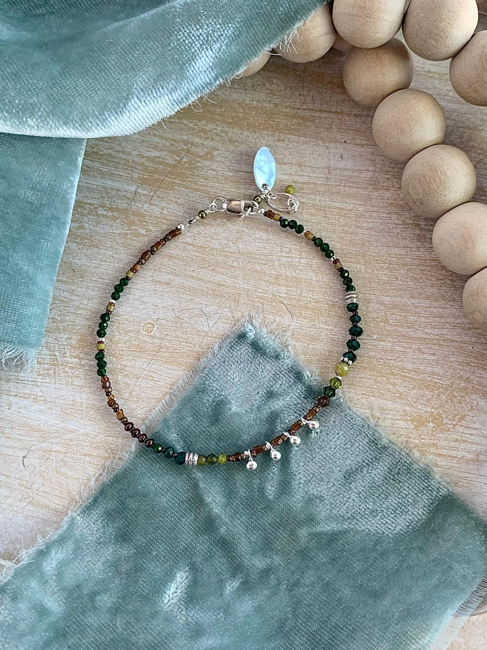 Serpentine Quartz, Swarovski Crystal, Vintage Glass Silver Bracelet