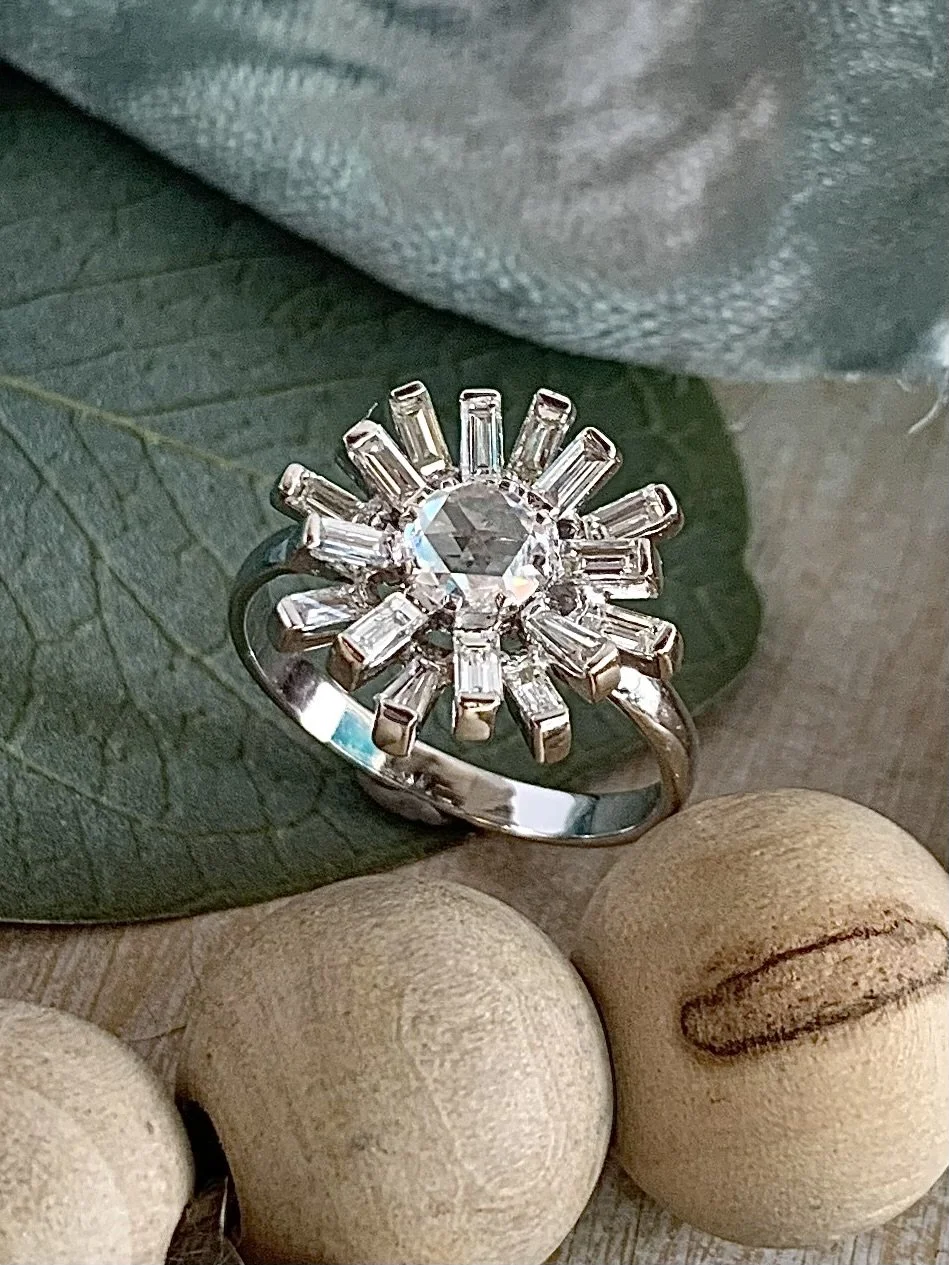 Capella Rose Cut Diamond Center with Baguette Star Flair 18k White Gold Engagement Ring