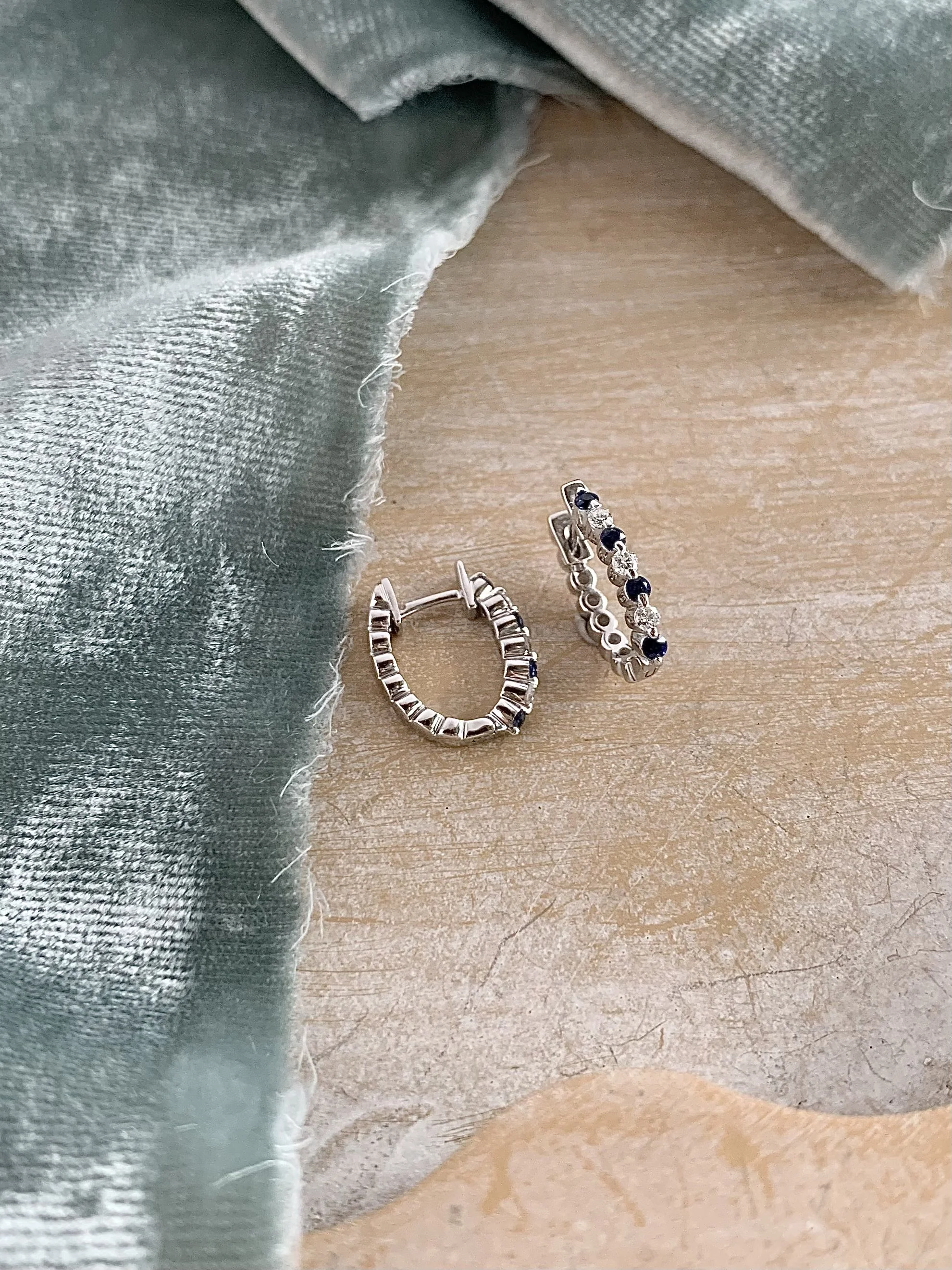 Diamond & Sapphire 14k White Gold Huggie Earrings