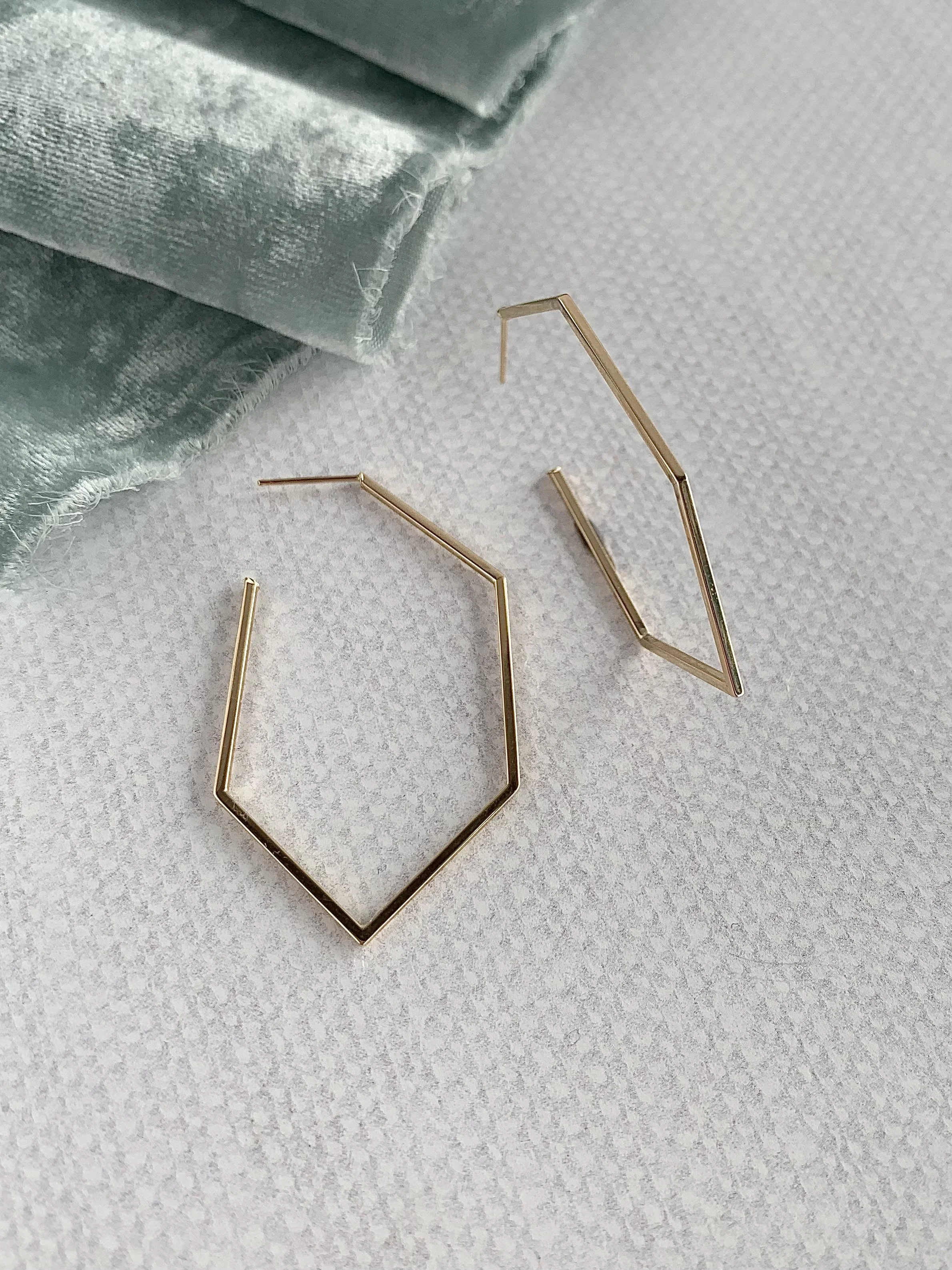 Elongated Hexagon 14k Yellow Gold Post Hoops
