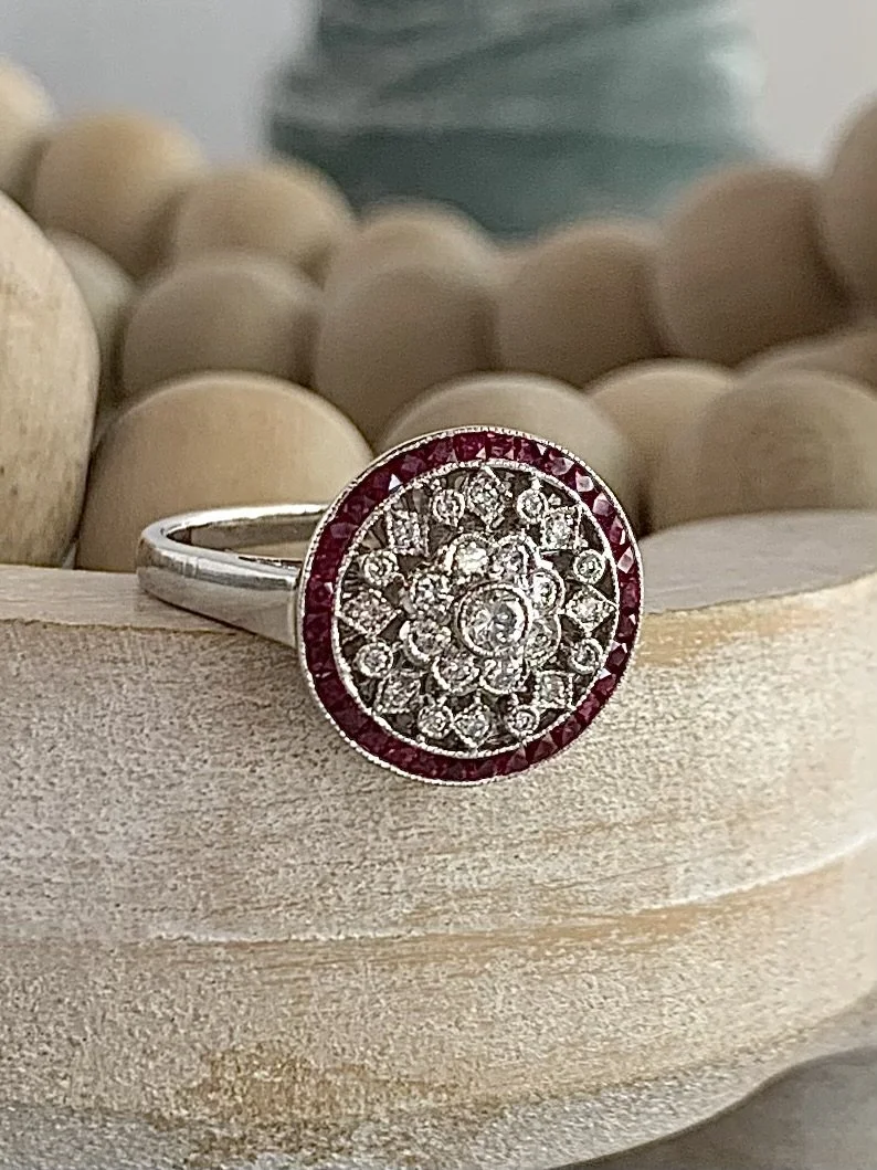 Leroux Ruby & Diamond Platinum Engagement Ring