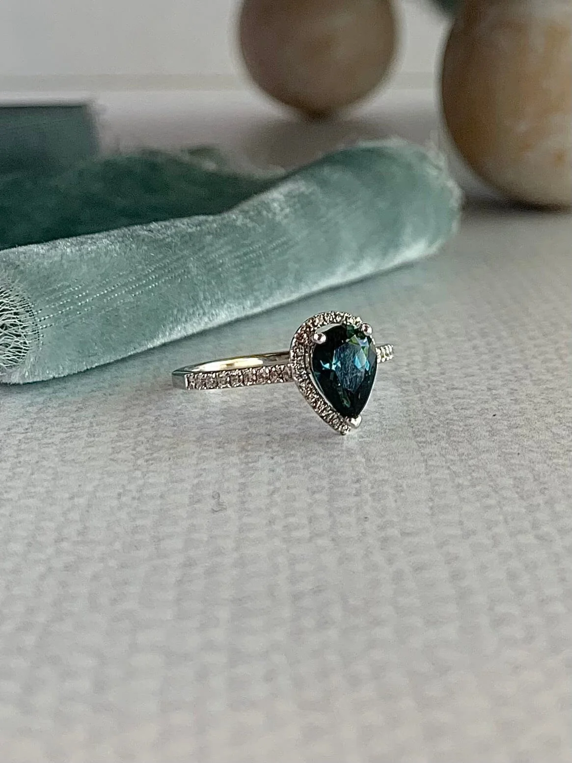 Josephine Australian Sapphire Diamond Halo 14k White Gold Engagement Ring