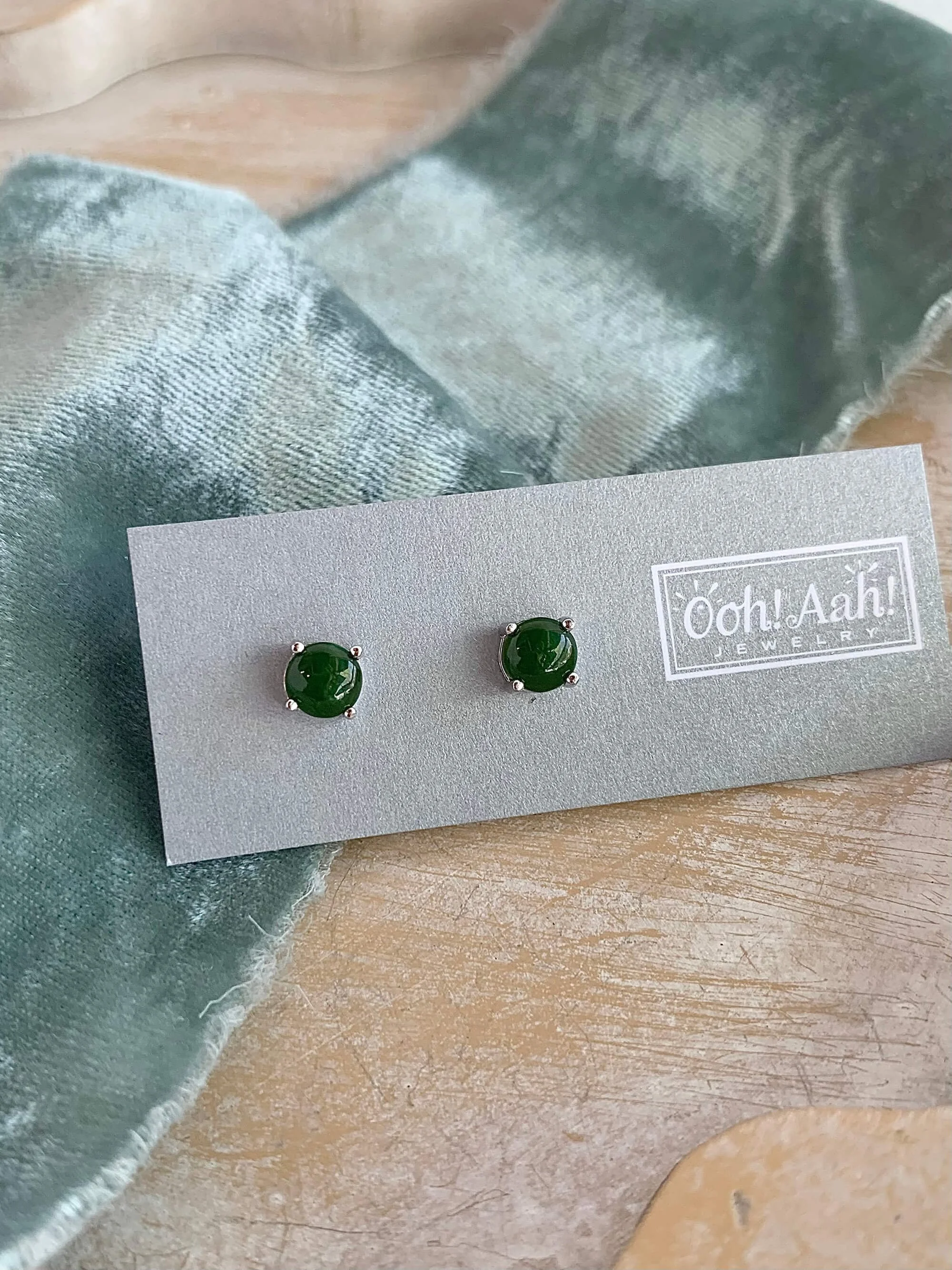Deep Green Jade Silver Stud Earrings