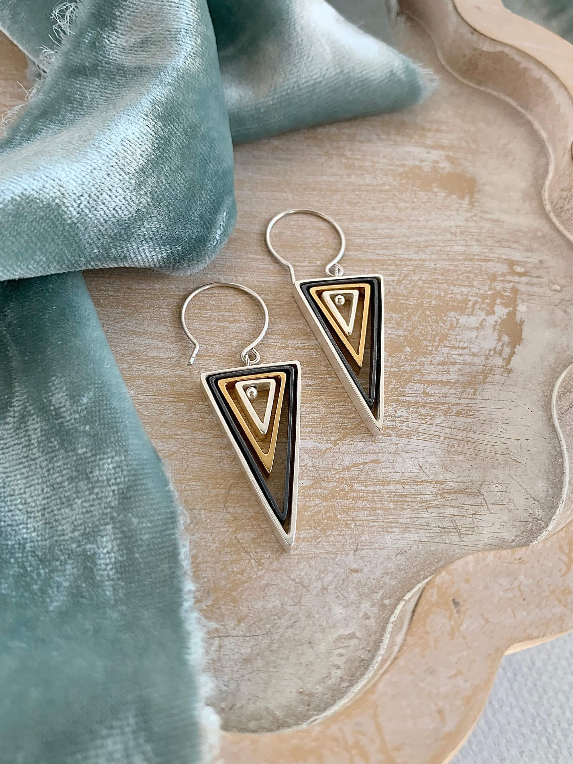 Triangle in Triangle Handmade Mixed Metal Earrings
