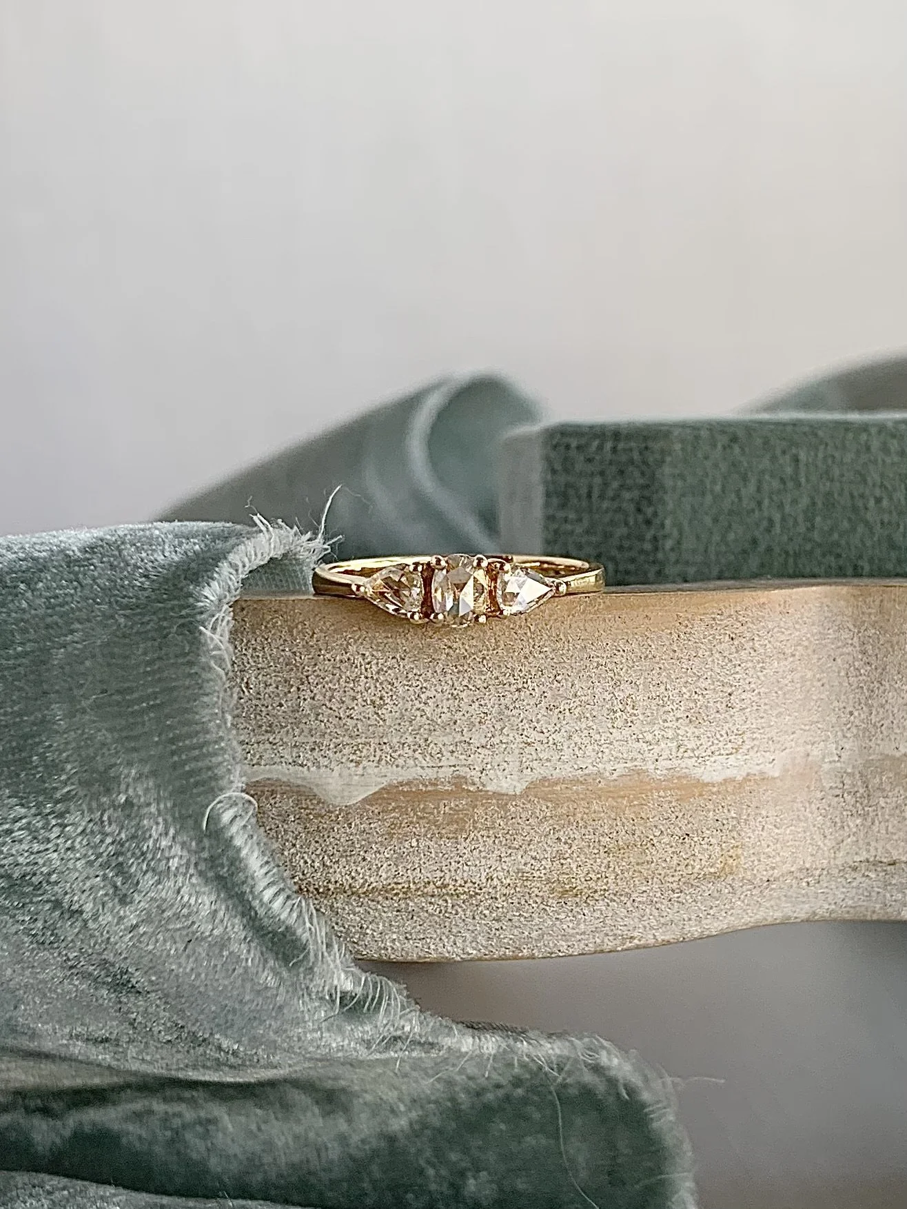 Mathilda Rose Cut Diamond 3 Stone 14k Yellow Gold Engagement Ring