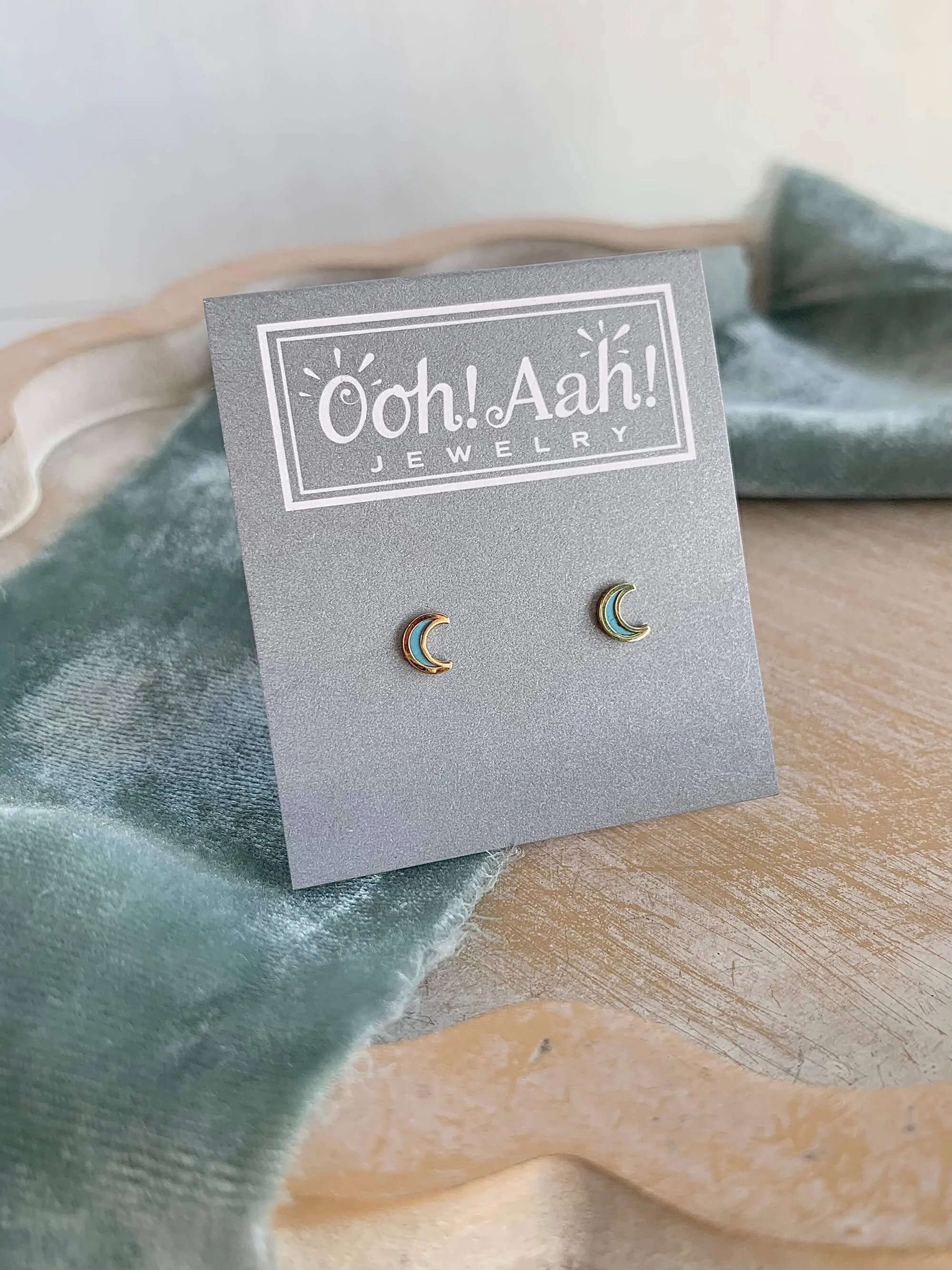 Crescent Turquoise Enamel 14k Yellow Gold Stud Earrings