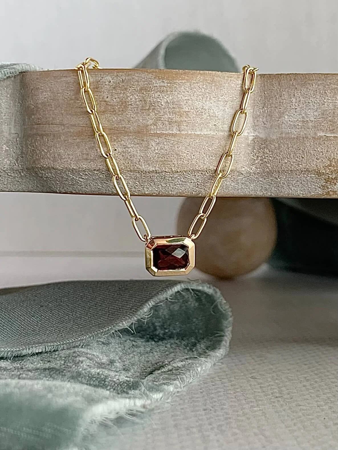 Sexy Garnet Paperclip Yellow Gold Necklace