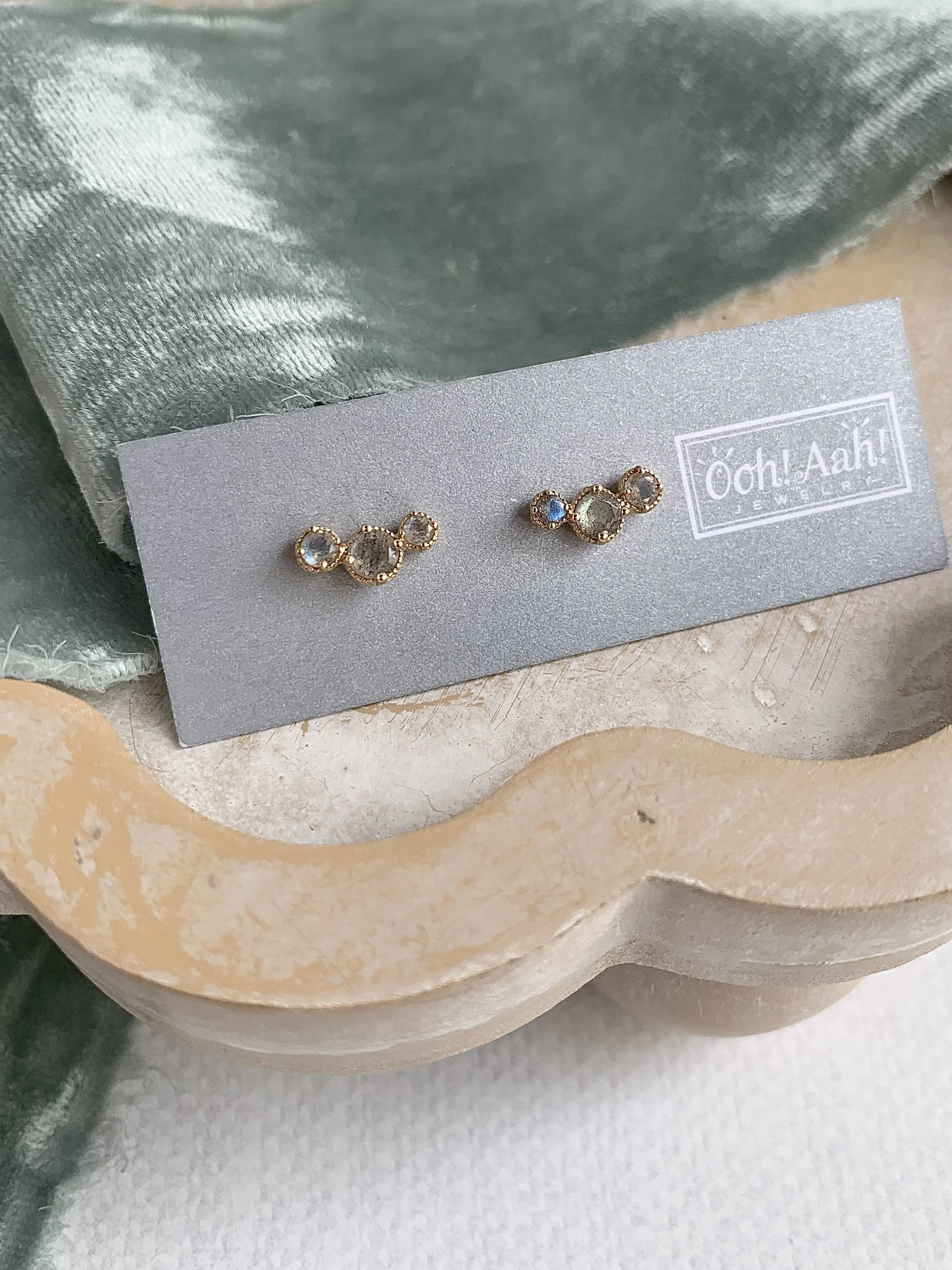 Labradorite Trio Climber 14k Yellow Gold Stud Earrings