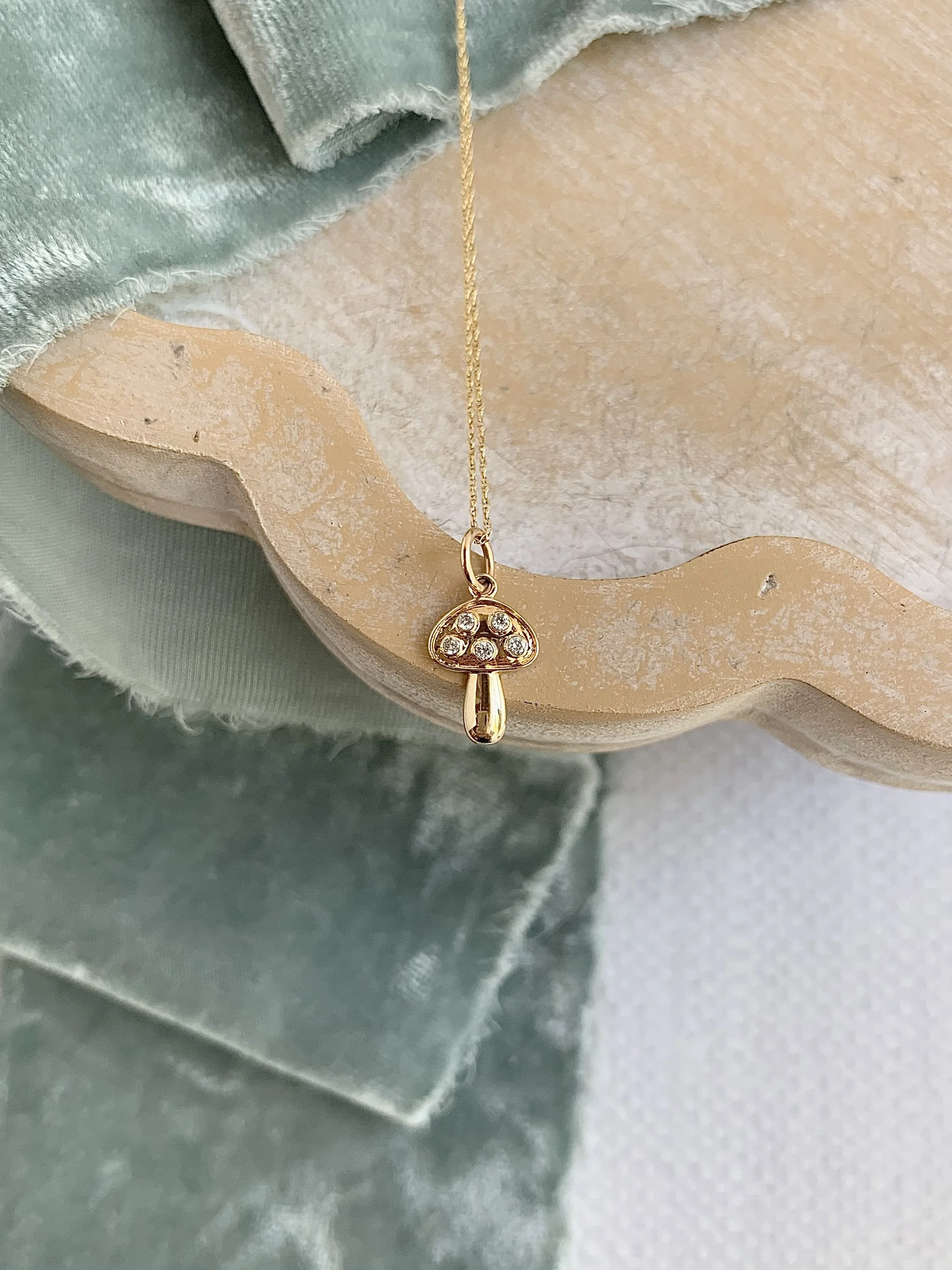 Amanita Mushroom 14k Yellow Gold Diamond Necklace