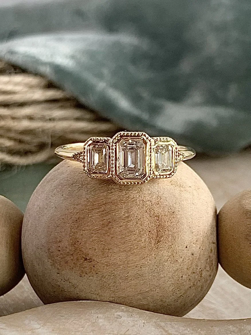 Caprice Emerald Cut Diamond .76ctw trio 14k Yellow Gold Engagement Ring