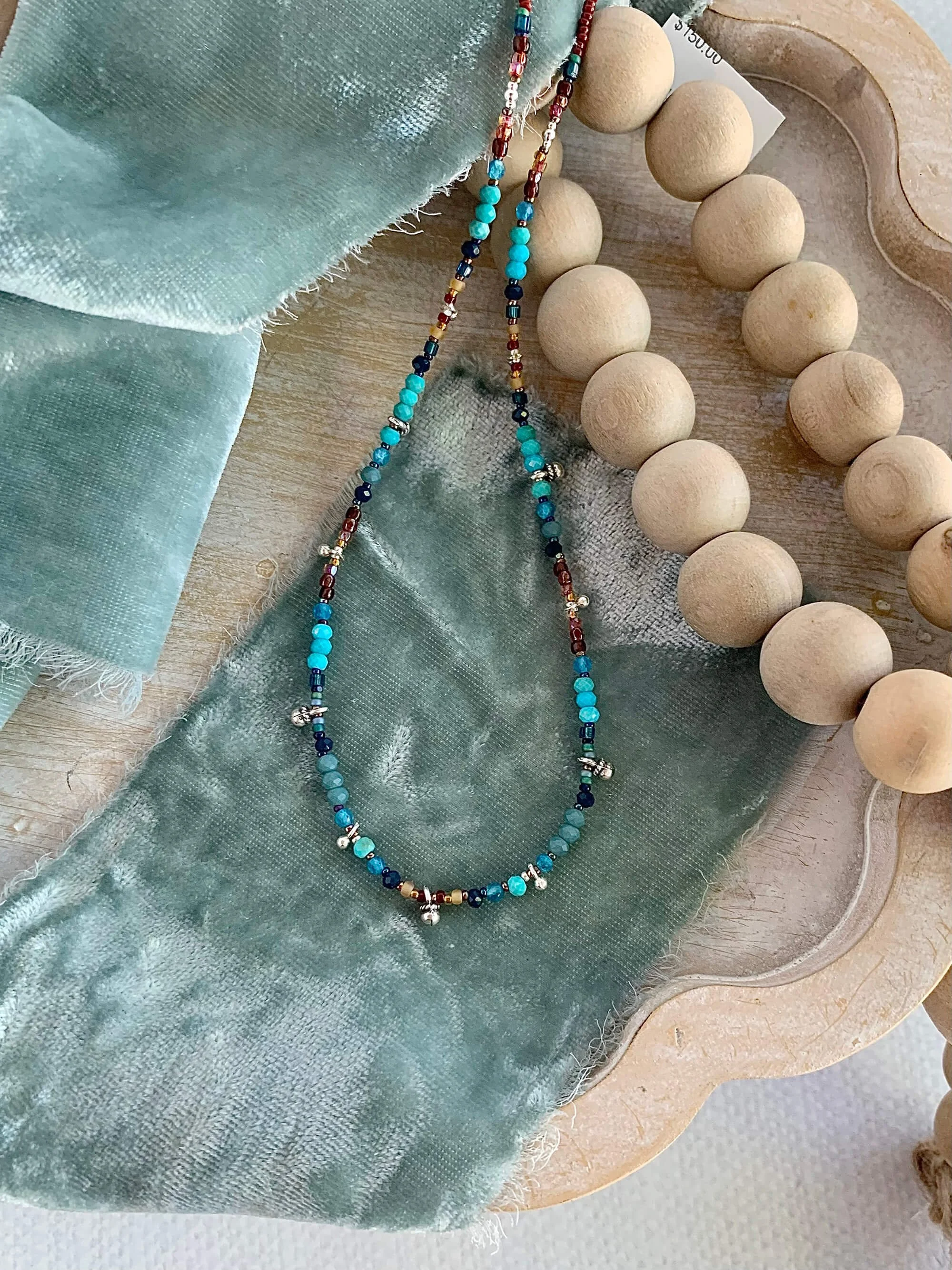 Turquoise, Apatite, Quartz, & Vintage Glass Beads Silver Necklace