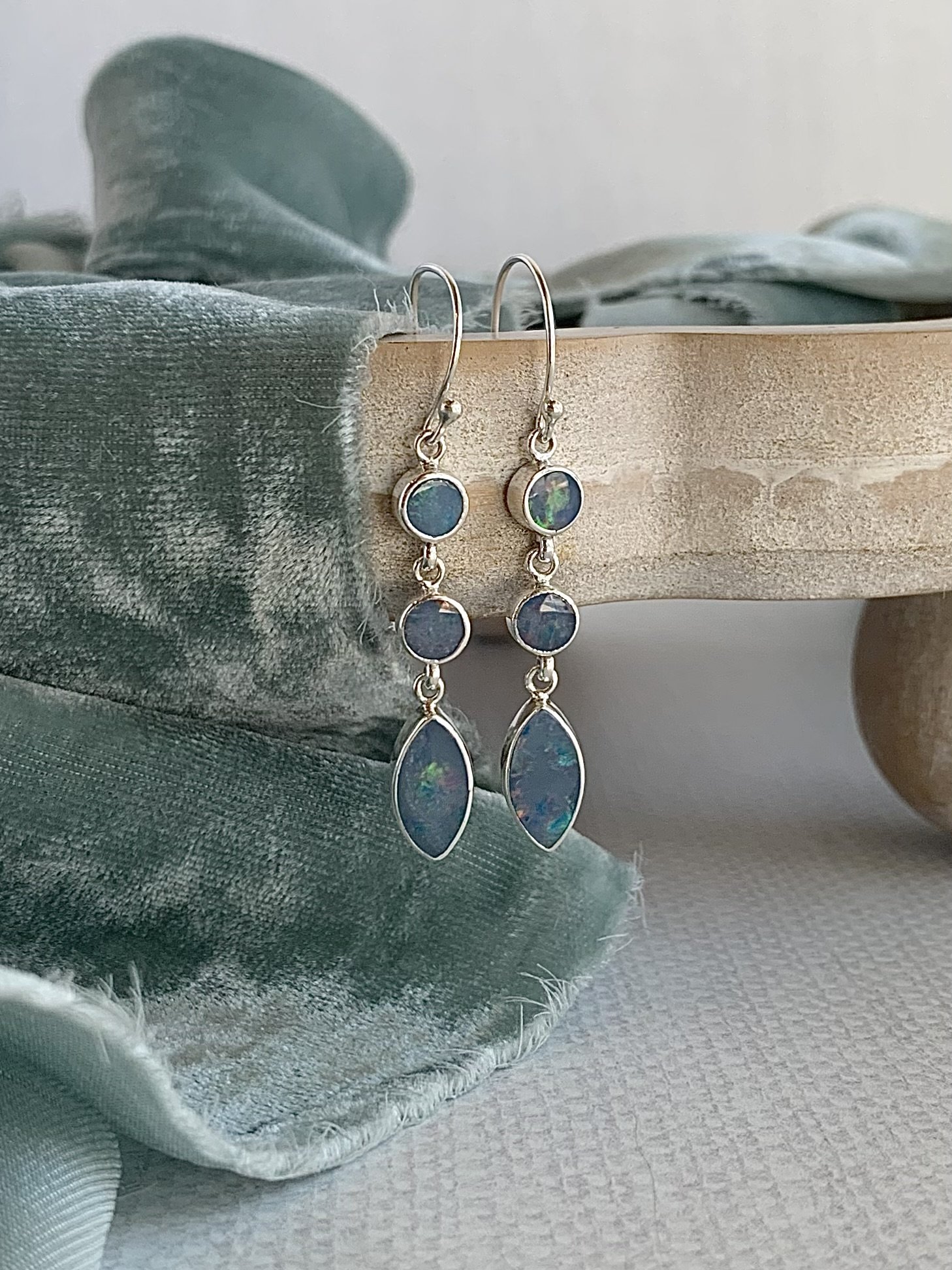 Natural Australian Opal Trio Silver Earrings 2