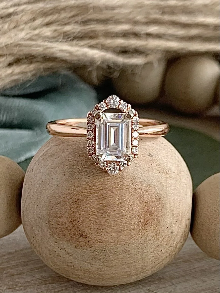 Breslin Emerald Cut Moissanite Halo 14k Rose Gold Engagement Ring