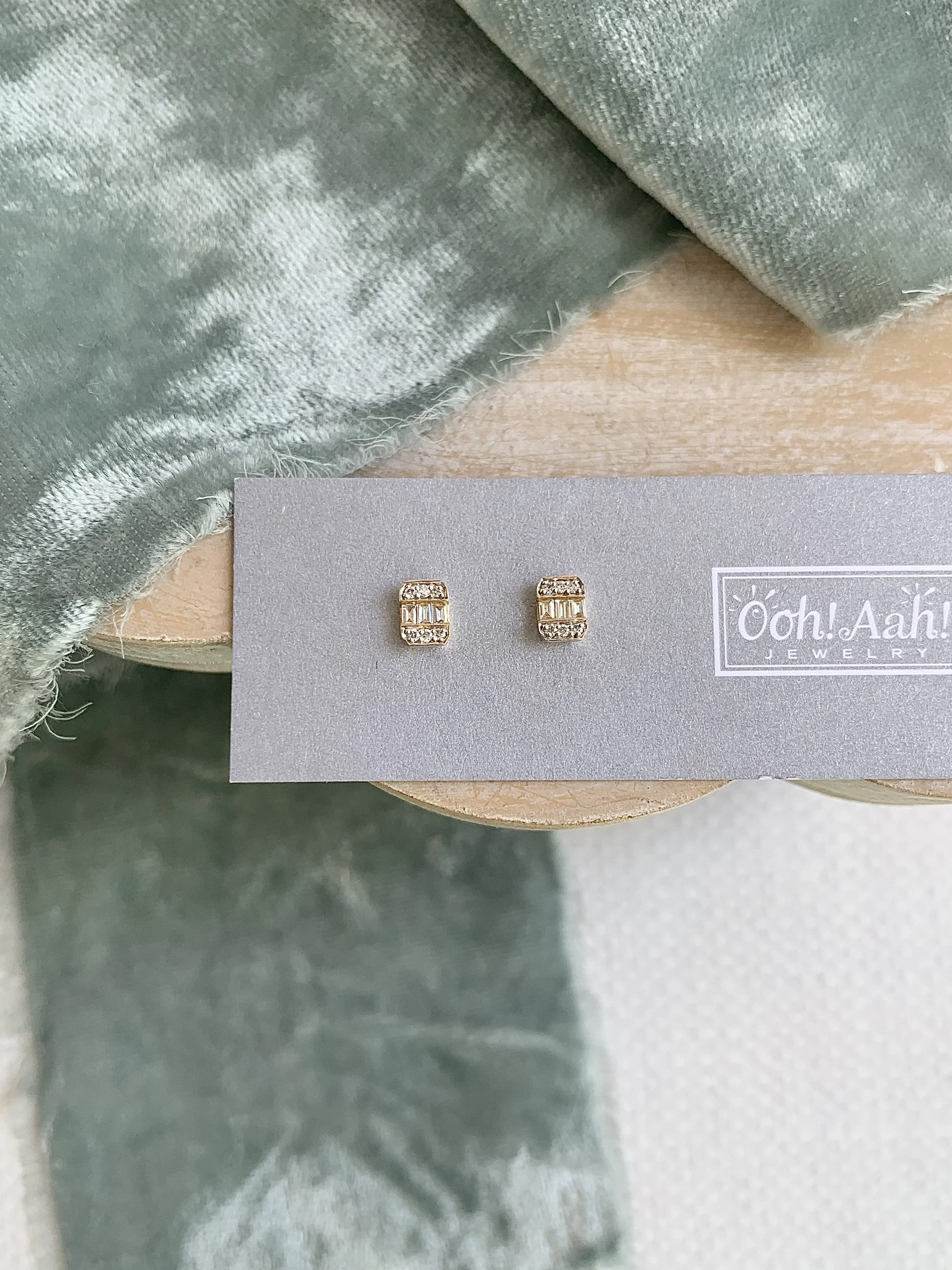 Pave Bookend Baguette 14k Yellow Gold Stud Earrings