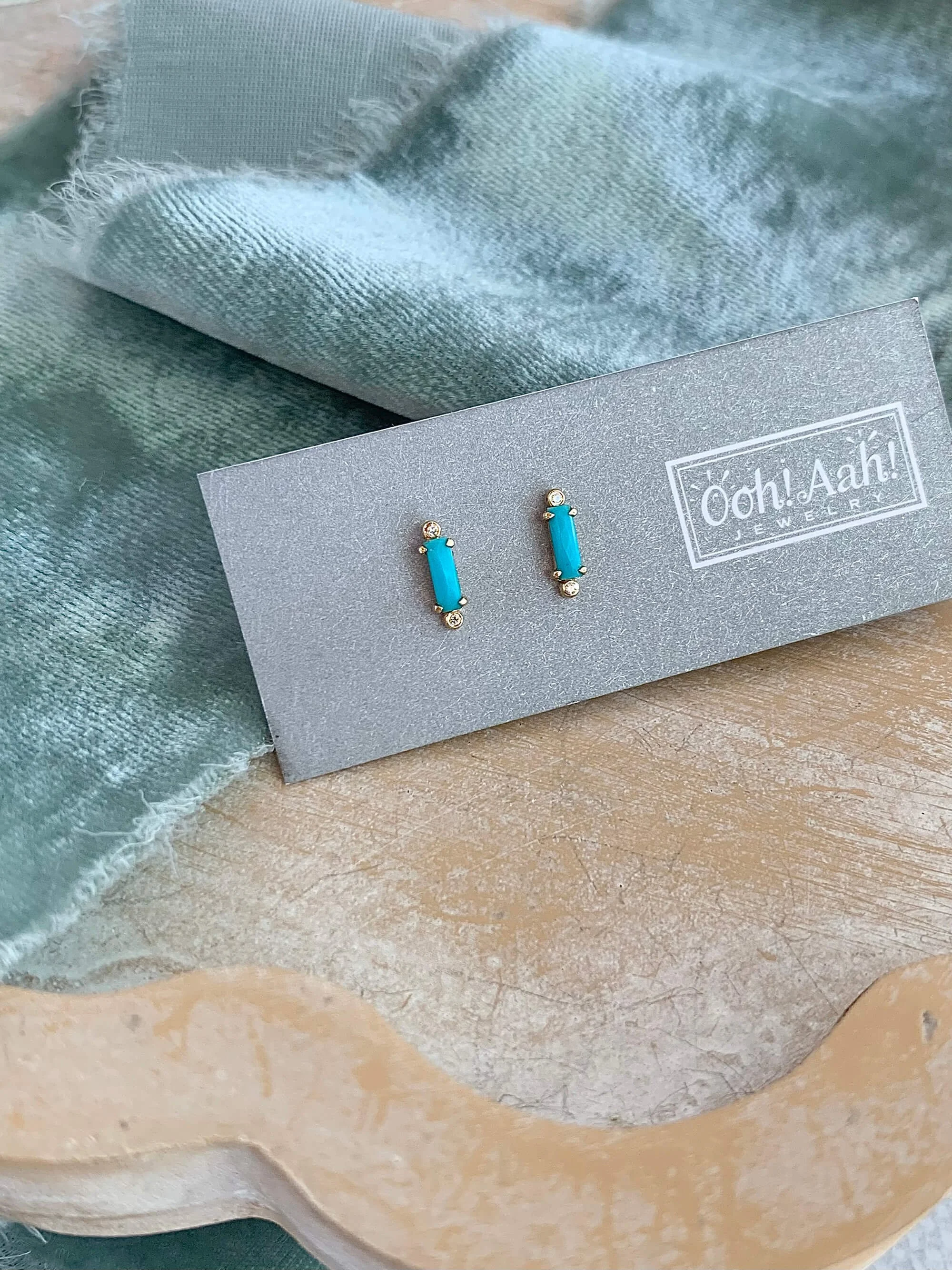 Turquoise Baguette & Diamond 18k Yellow Gold Stud Earrings