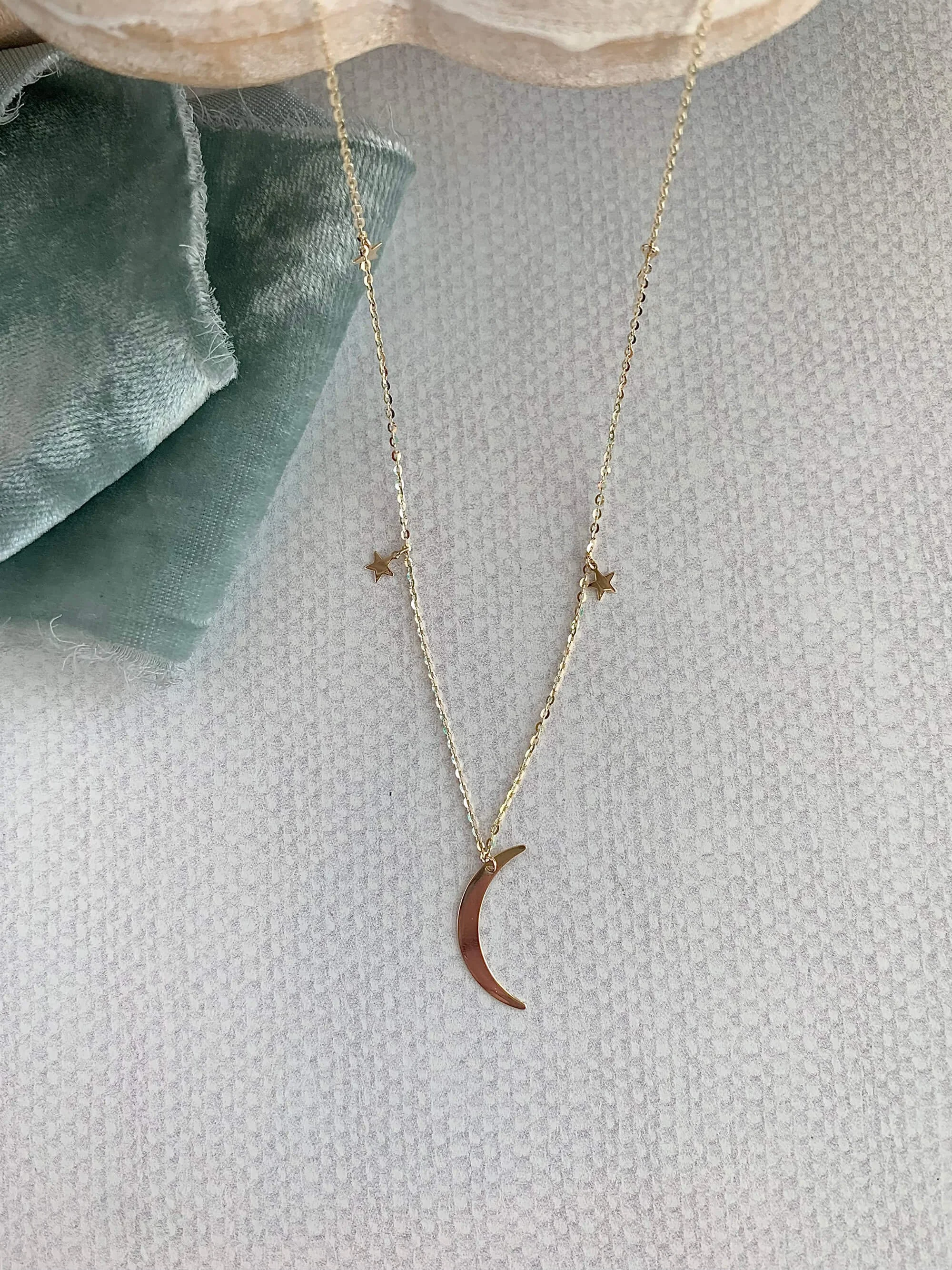 Crescent Moon & Stars 14k Yellow Gold Necklace