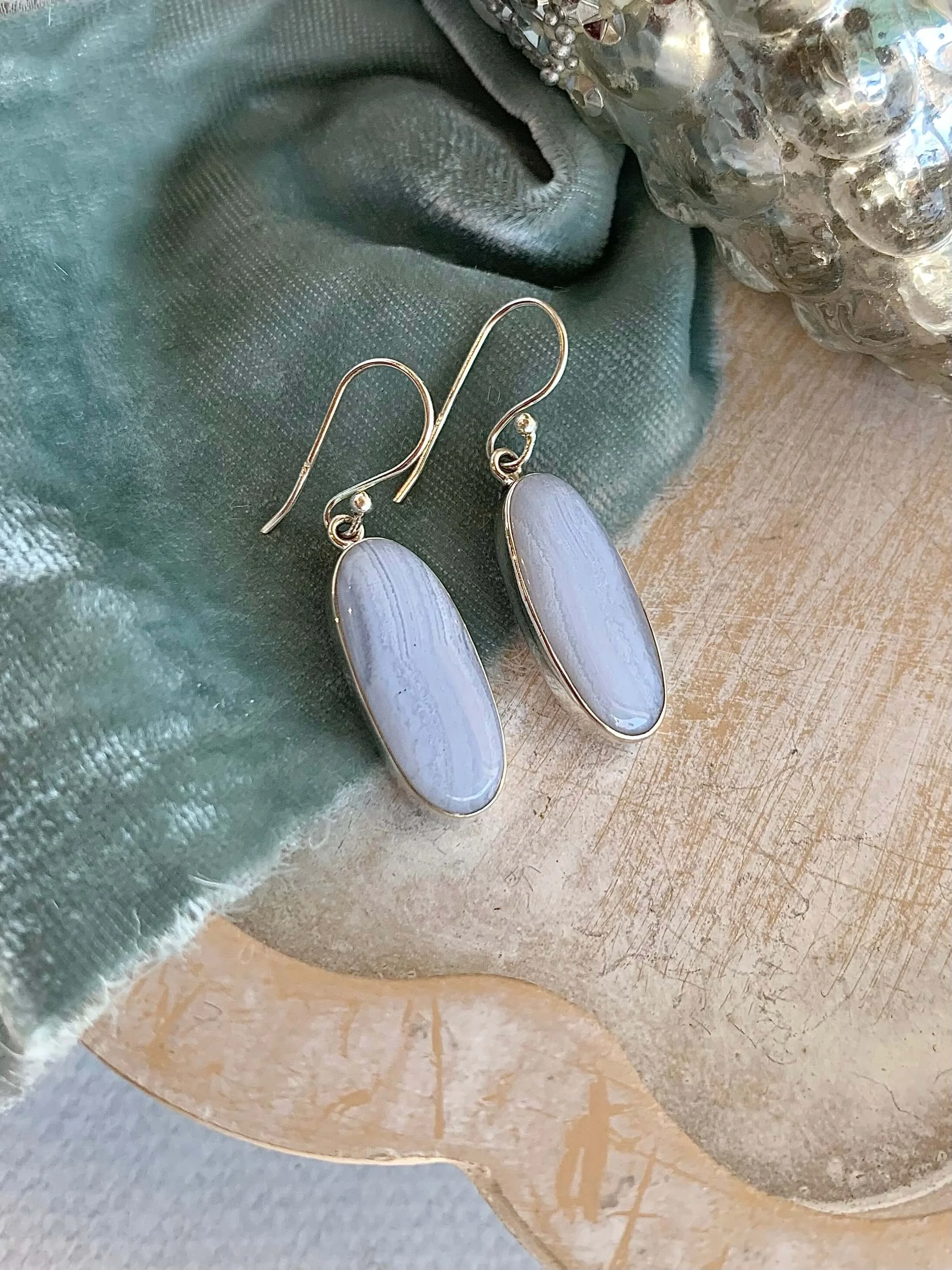 Mellow Blue Lace Agate Silver Earrings