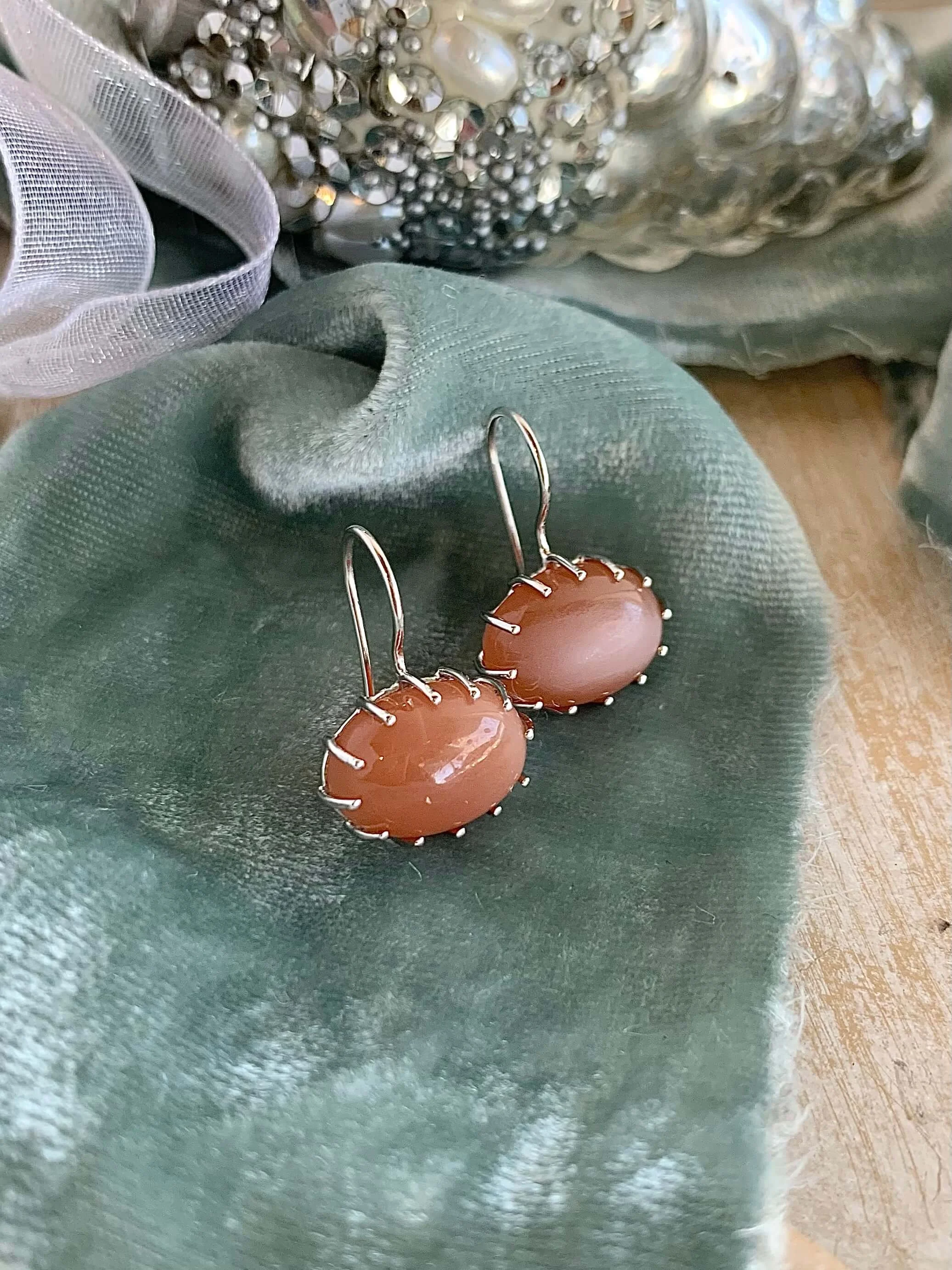 Soft Peach Moonstone Silver Earrings
