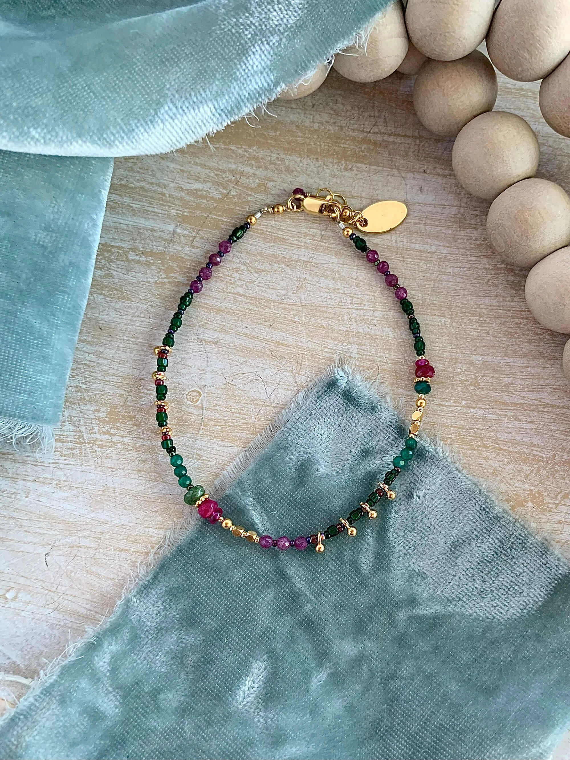 Ruby, Emerald, Ruby Ziosite Gold Vermeil Bracelet