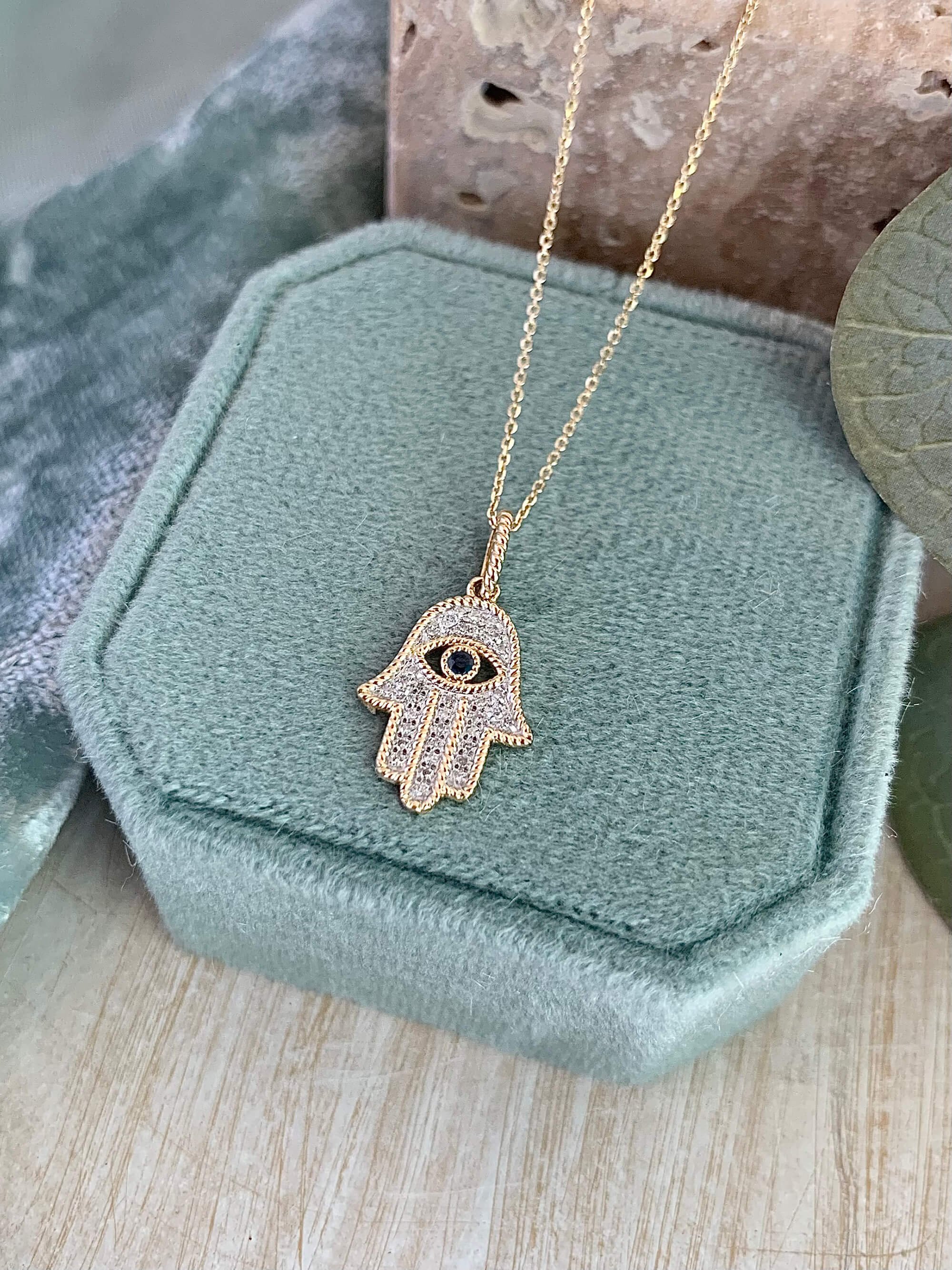 Sparkly Diamond Sapphire Hamsa 14k Yellow Gold Necklace