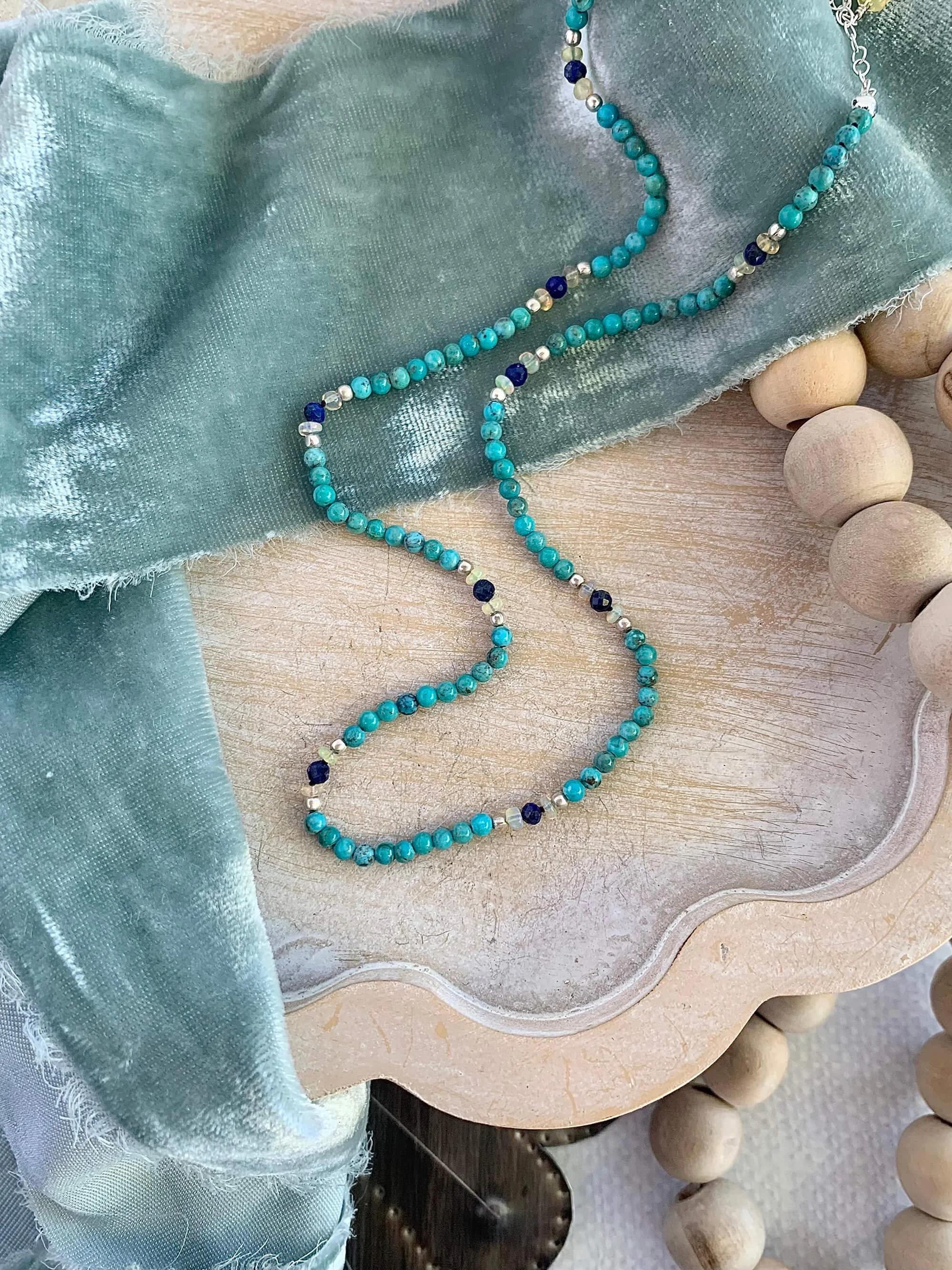 Hand-Strung Turquoise, Lapis, Opal Silver Strand