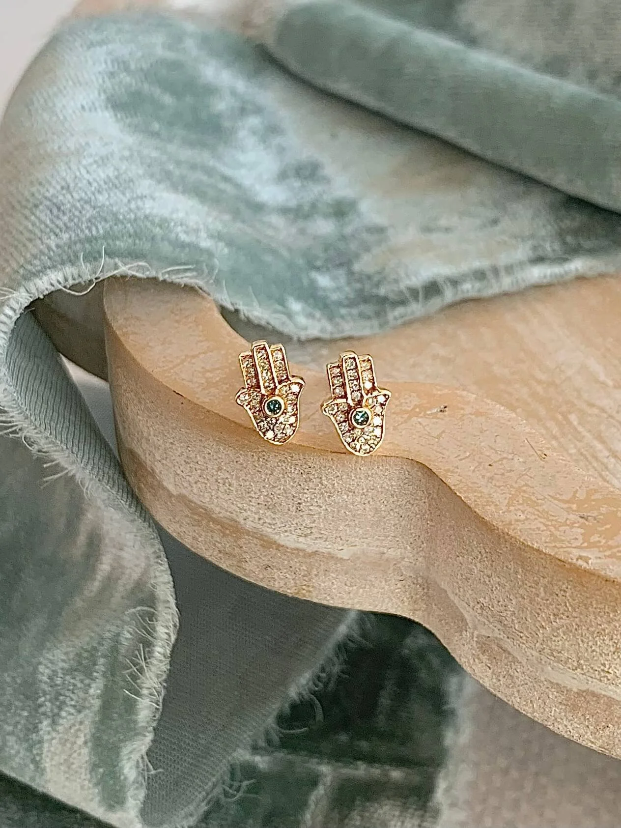 Protective Hamsa Diamond Sapphire 14k Yellow Gold Stud Earrings