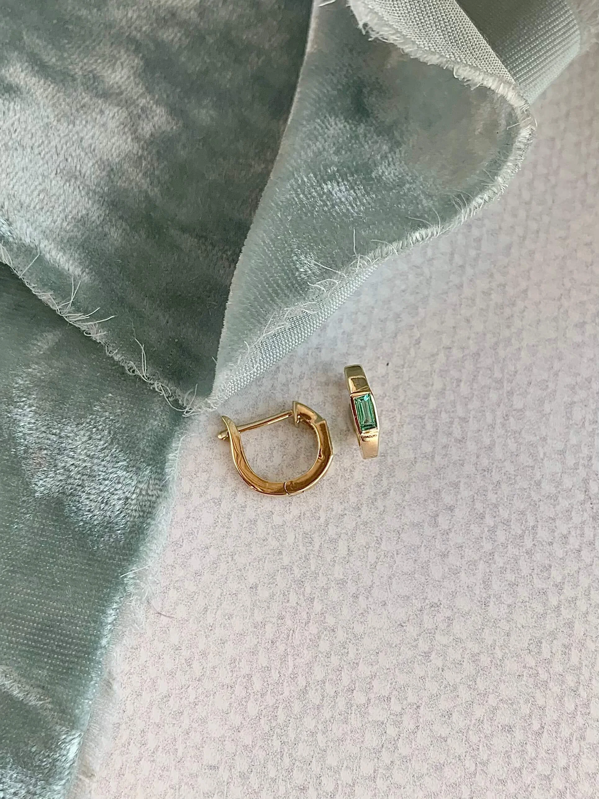 Single Emerald  14k Yellow Gold Huggie Earrings