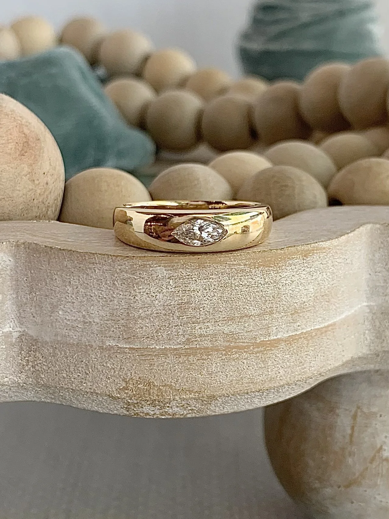 Marquis Cut Diamond Inset Domed 14k Yellow Gold Engagement Ring