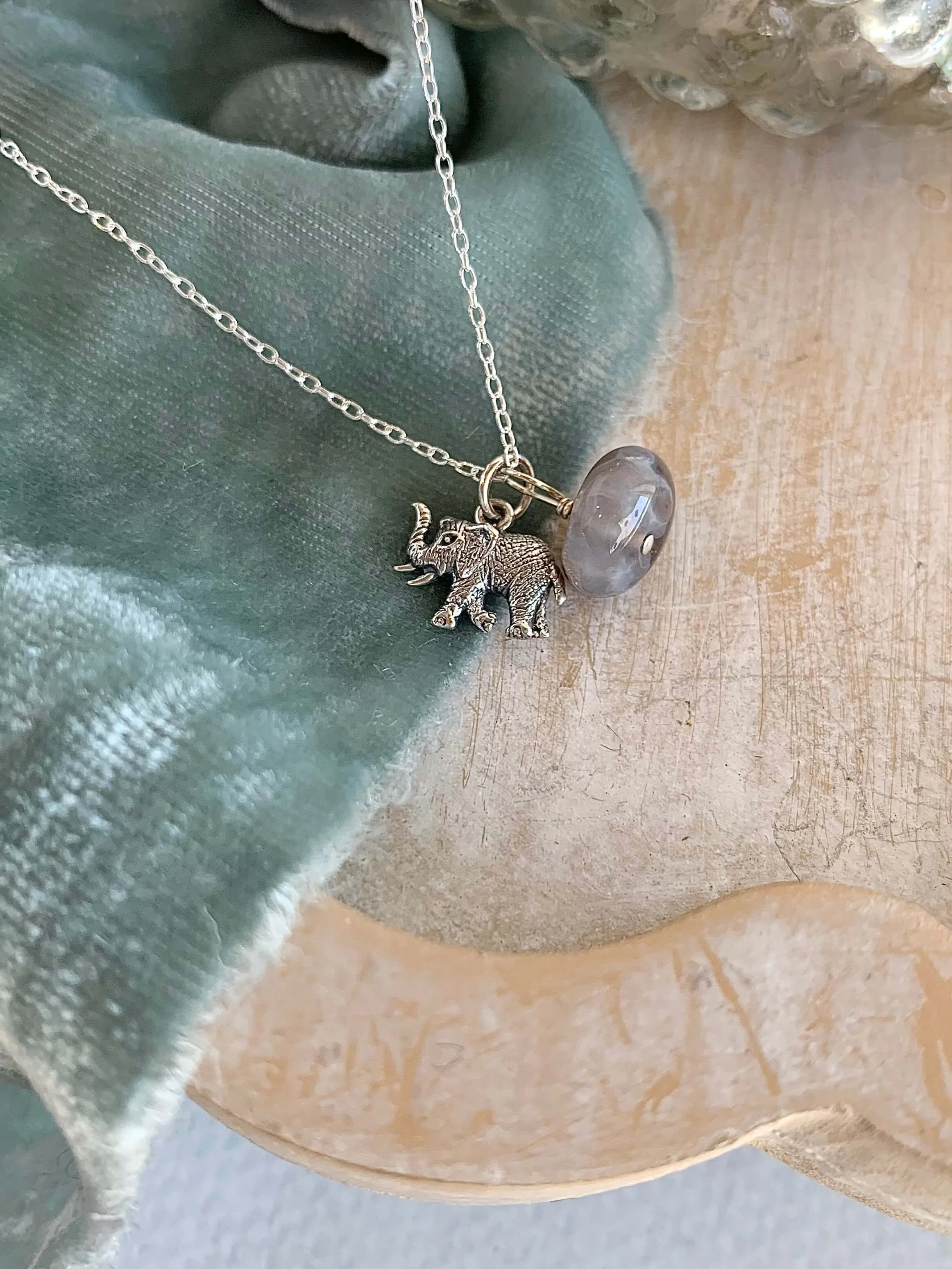 Happy Tiny Elephant Agate Silver Necklace