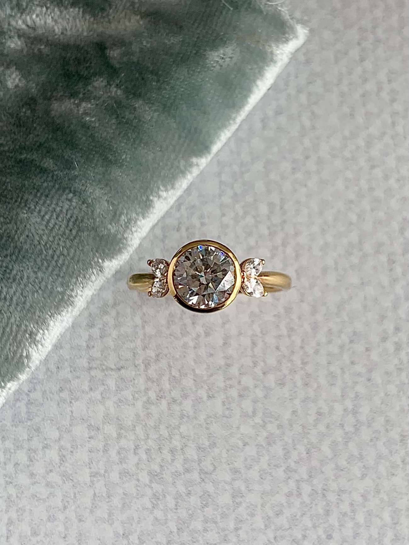 Lordes 14k Yellow 1.0ct Lab Diamond Round Brilliant Full Bezel Set Celestial .10ct Accent Lab Diamond Engagement Ring