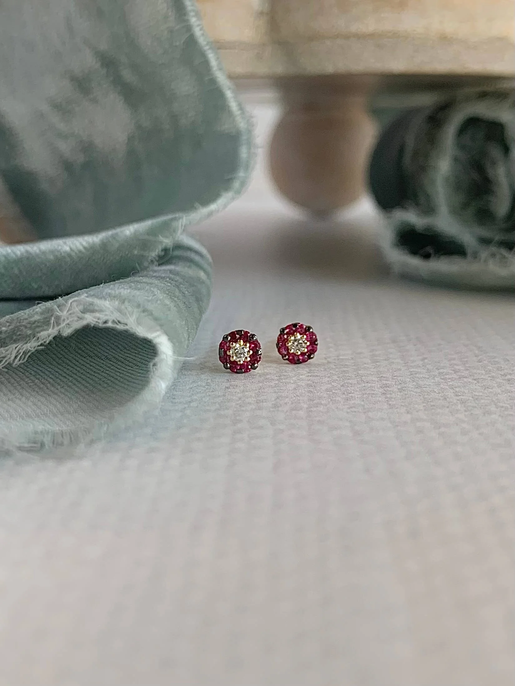Happy Flower Ruby Diamond 14k Yellow Gold Stud Earrings