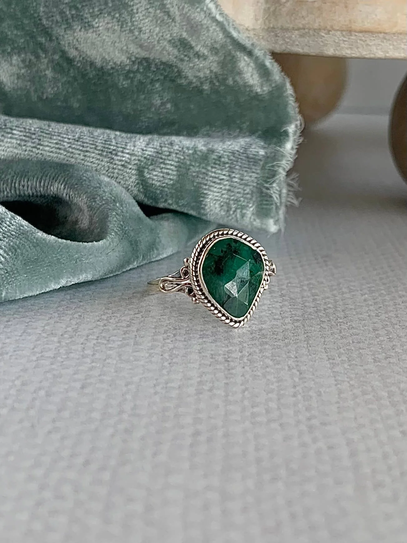 Prosperous Rough Emerald Silver Ring