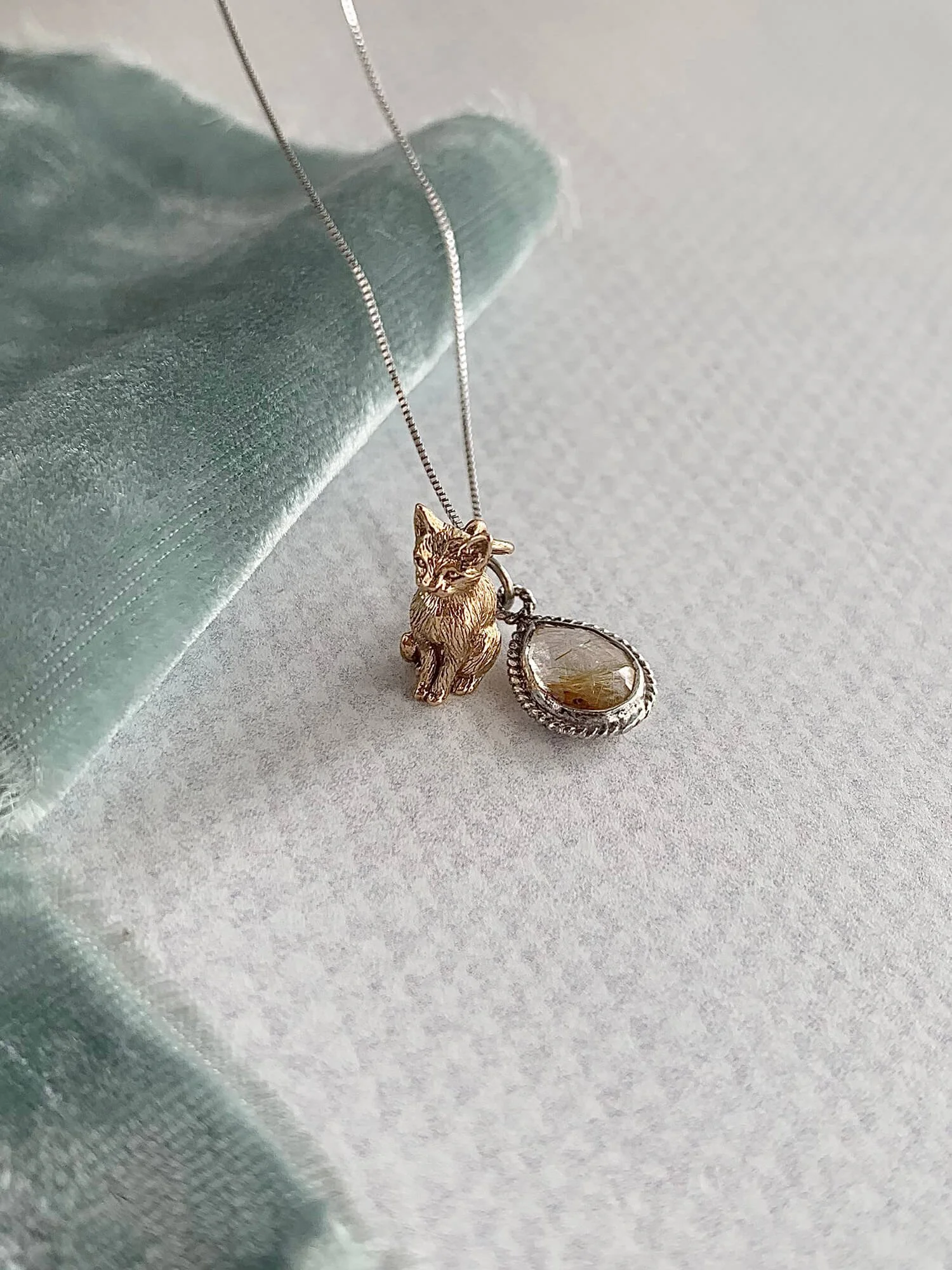 Meow Rutile Quartz Kitty Mixed Metal Necklace