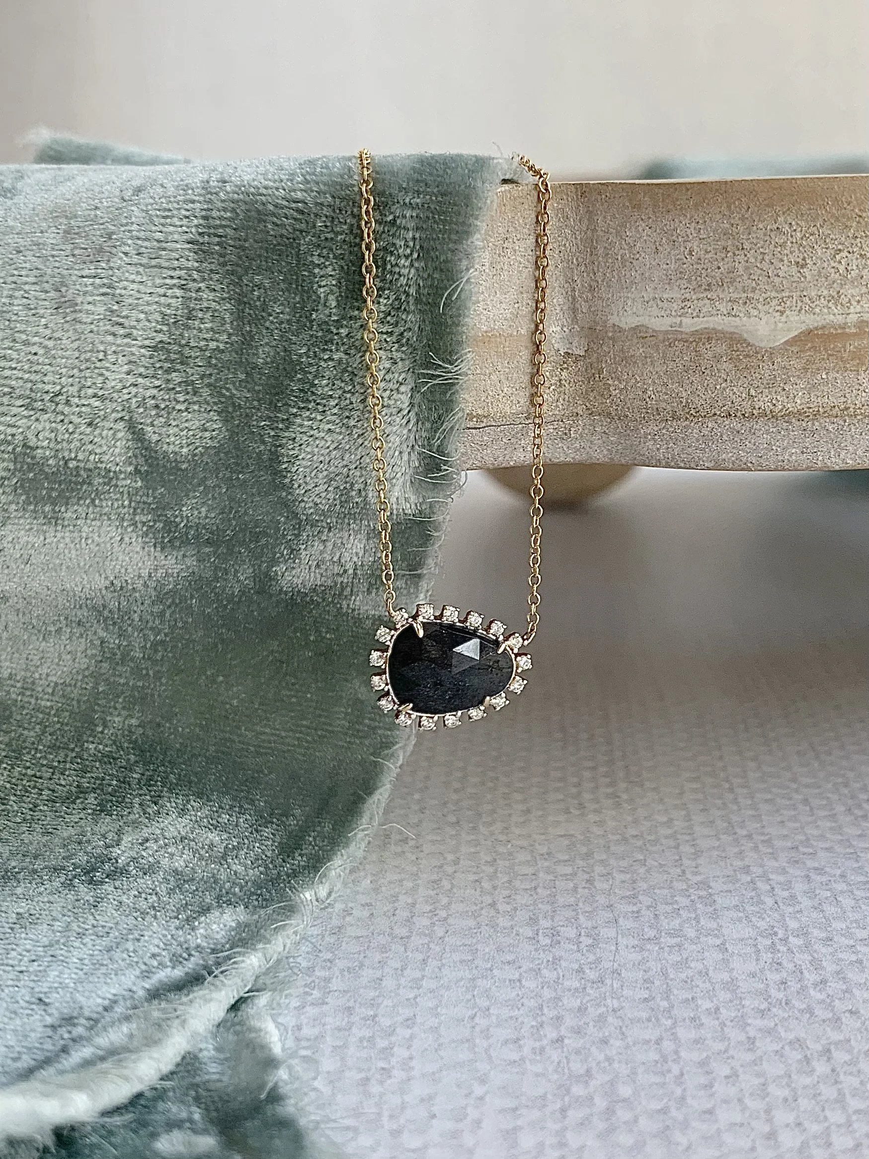 Dark Labradorite Diamond 14k Yellow Gold Necklace