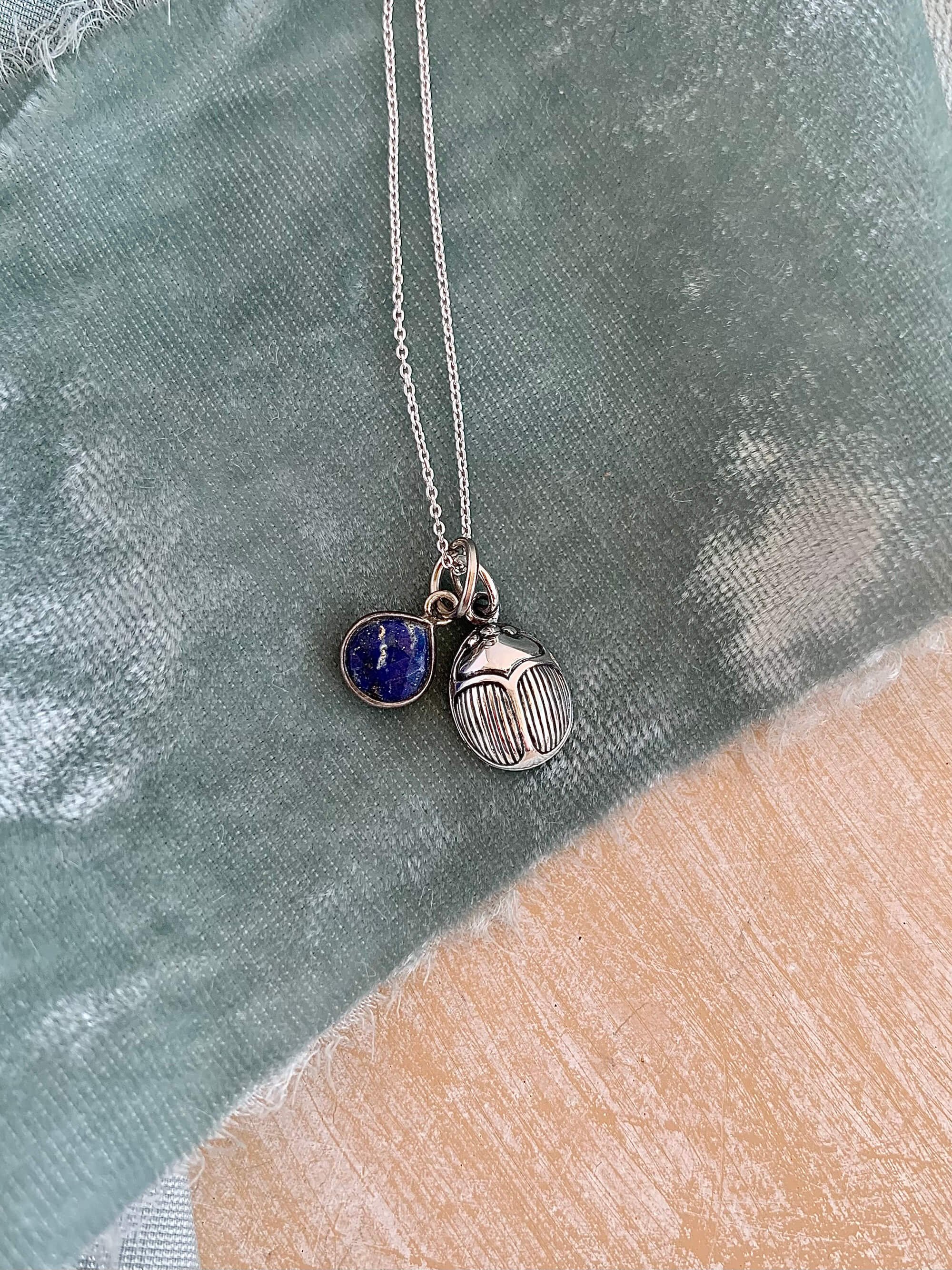 Sacred Scarab Lapis Silver Necklace