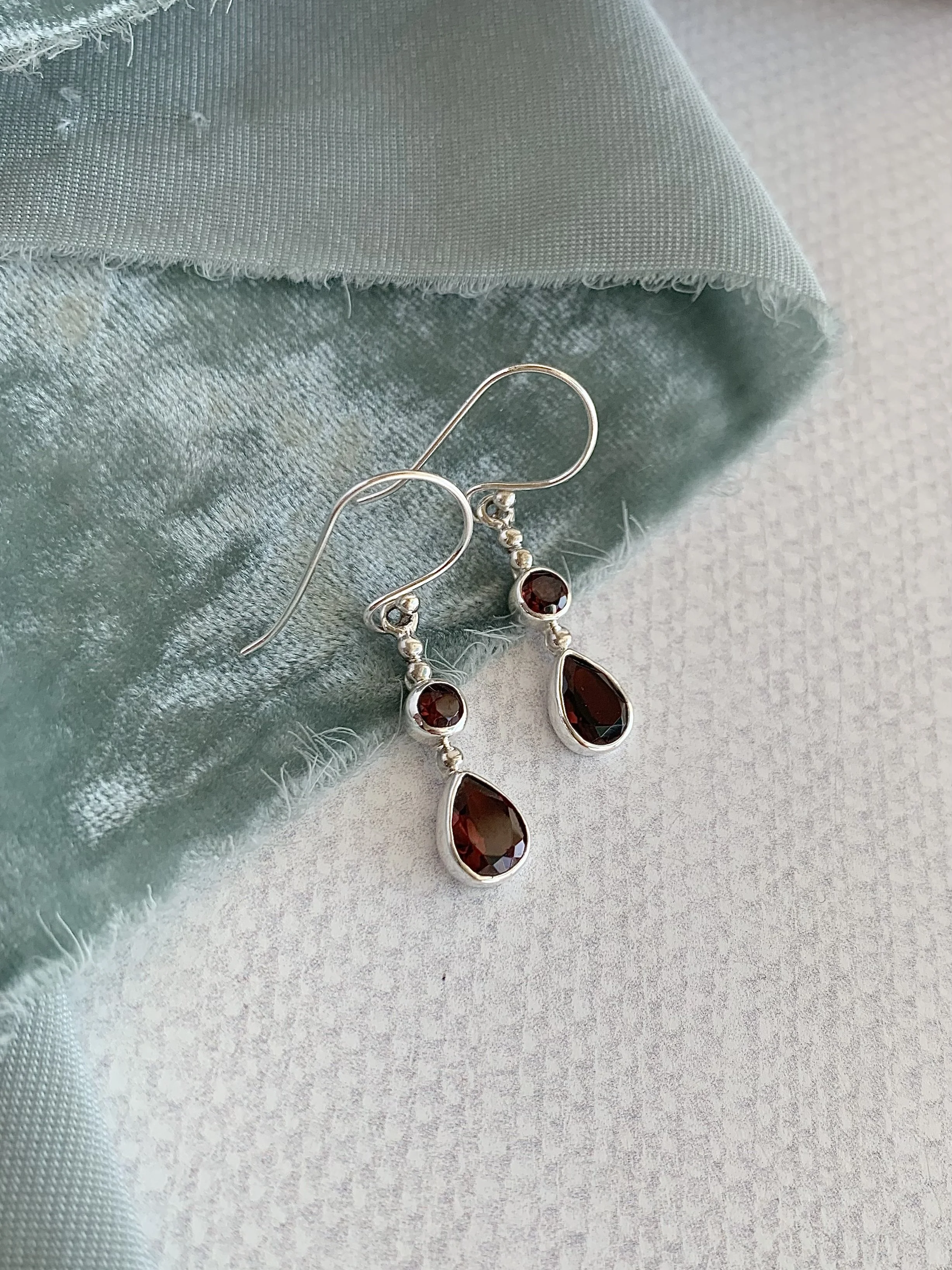 Double Garnet Silver Earrings
