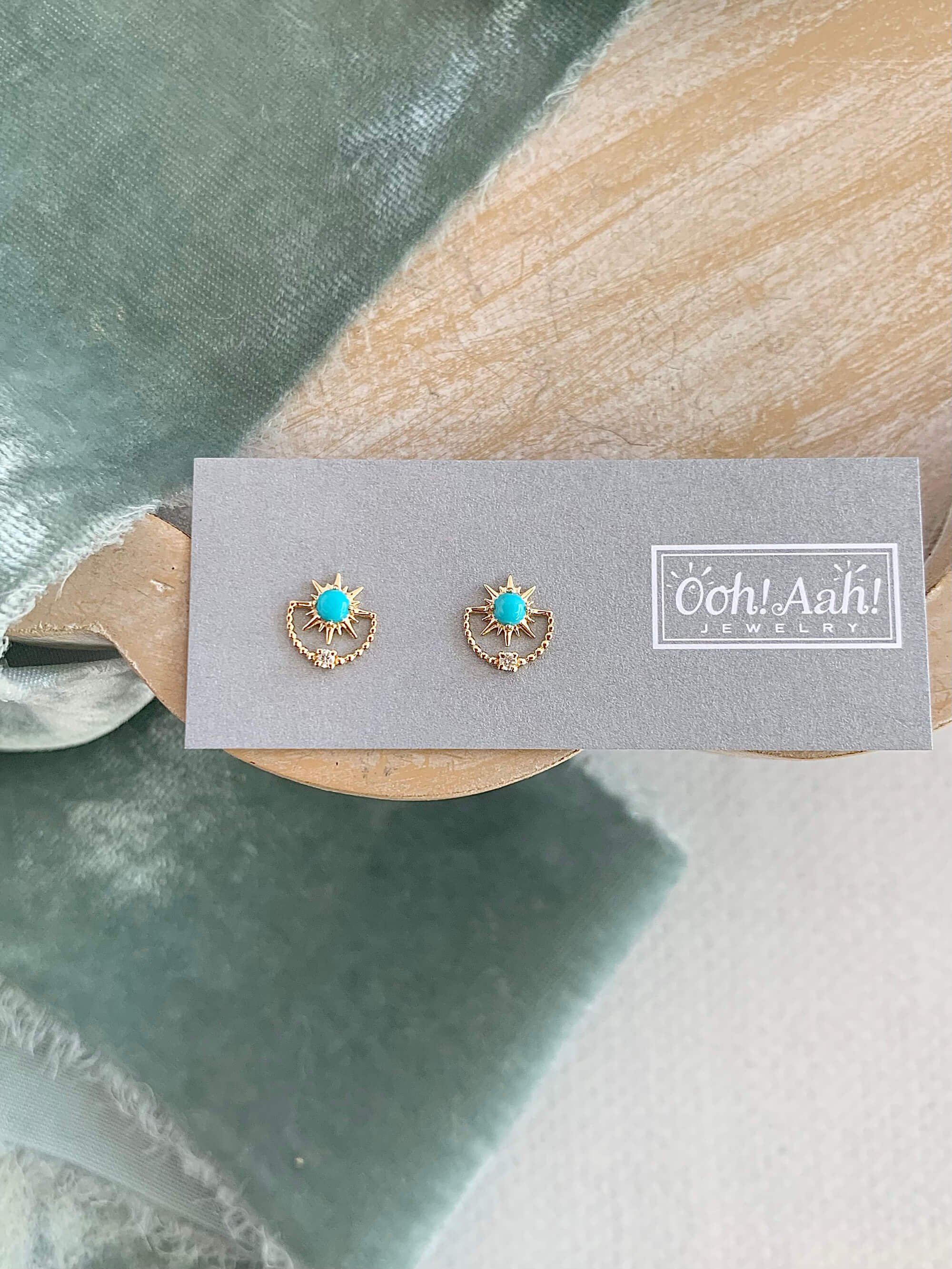 Turquoise Sun Diamond 14k Yellow Gold Stud Earrings