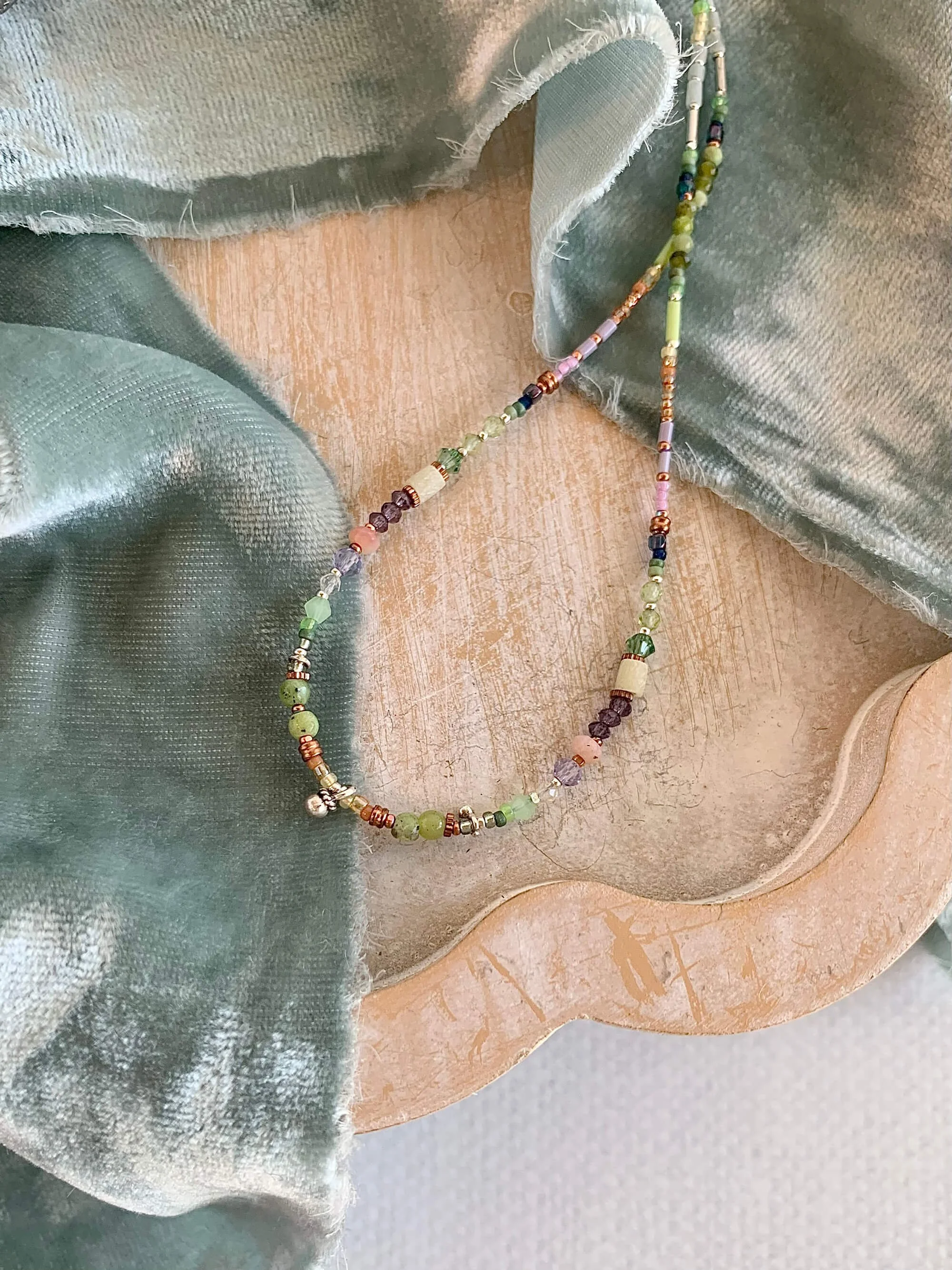 Jade, Seraphinite, Amethyst, Sunstone, Peridot Silver Neckalce