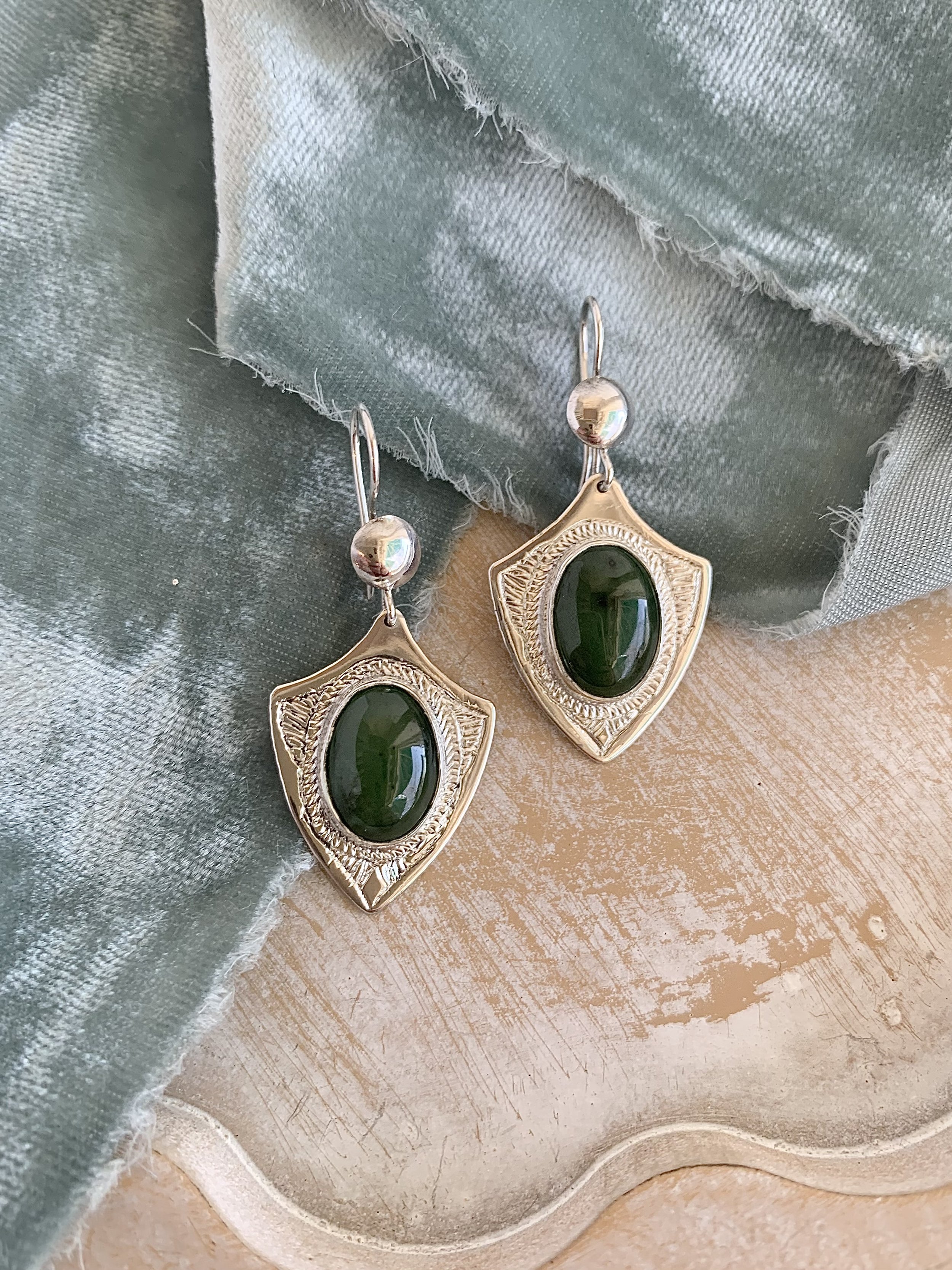 Verdant Jade Silver Shield Earrings
