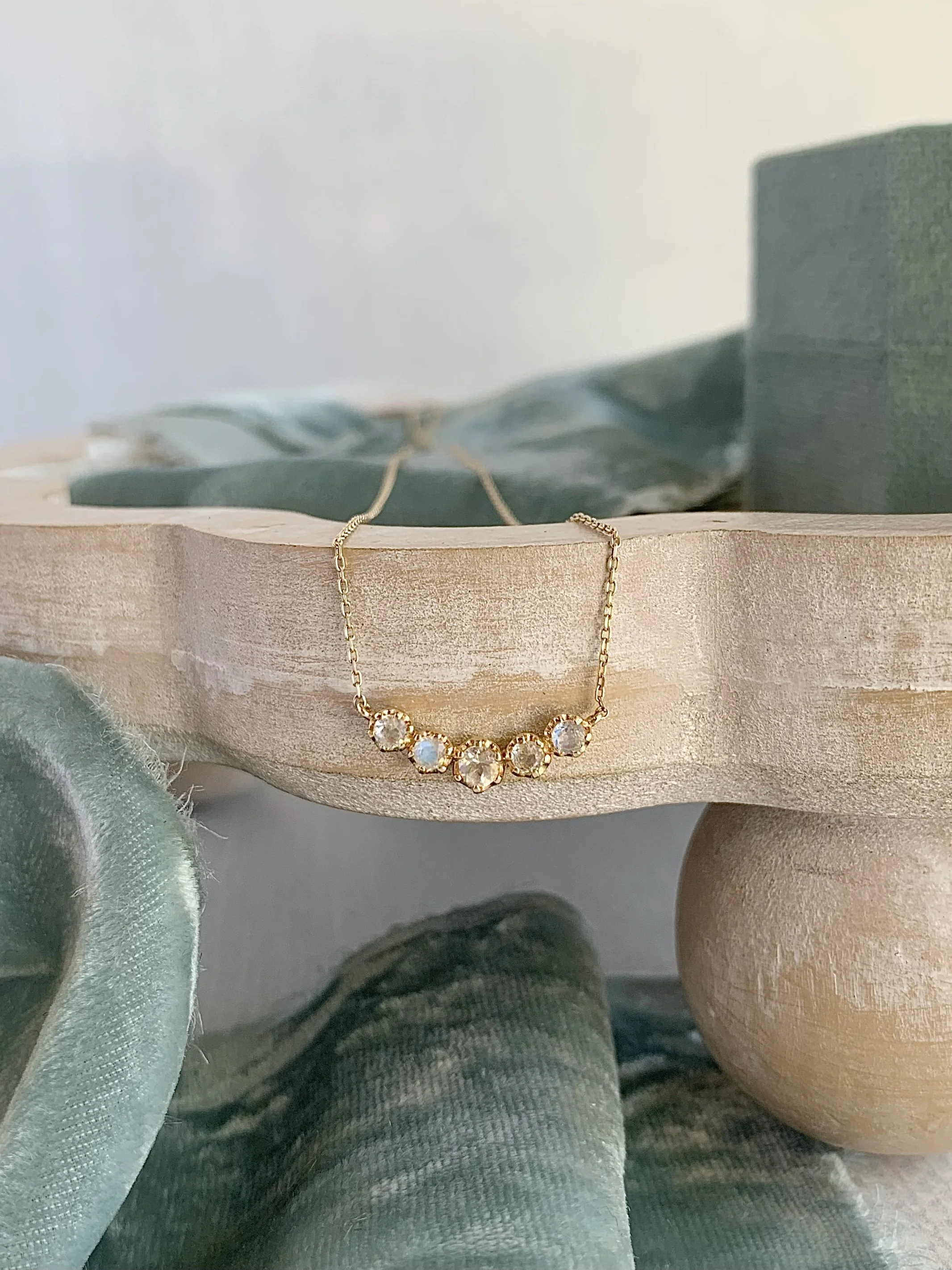 5 Moonstones Curved Bar in 14k Yellow Gold Necklace