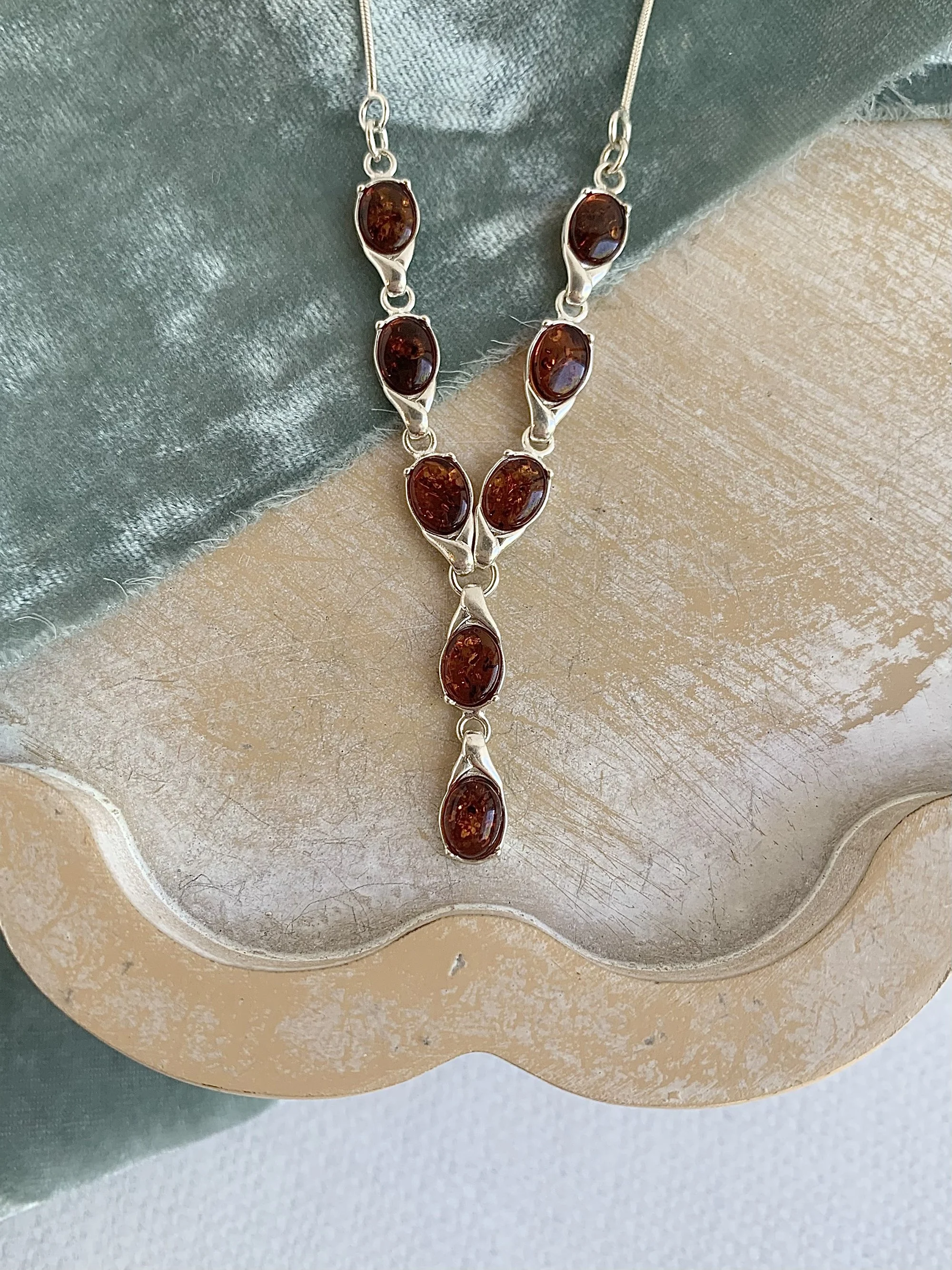 Amber Droplets Silver Necklace