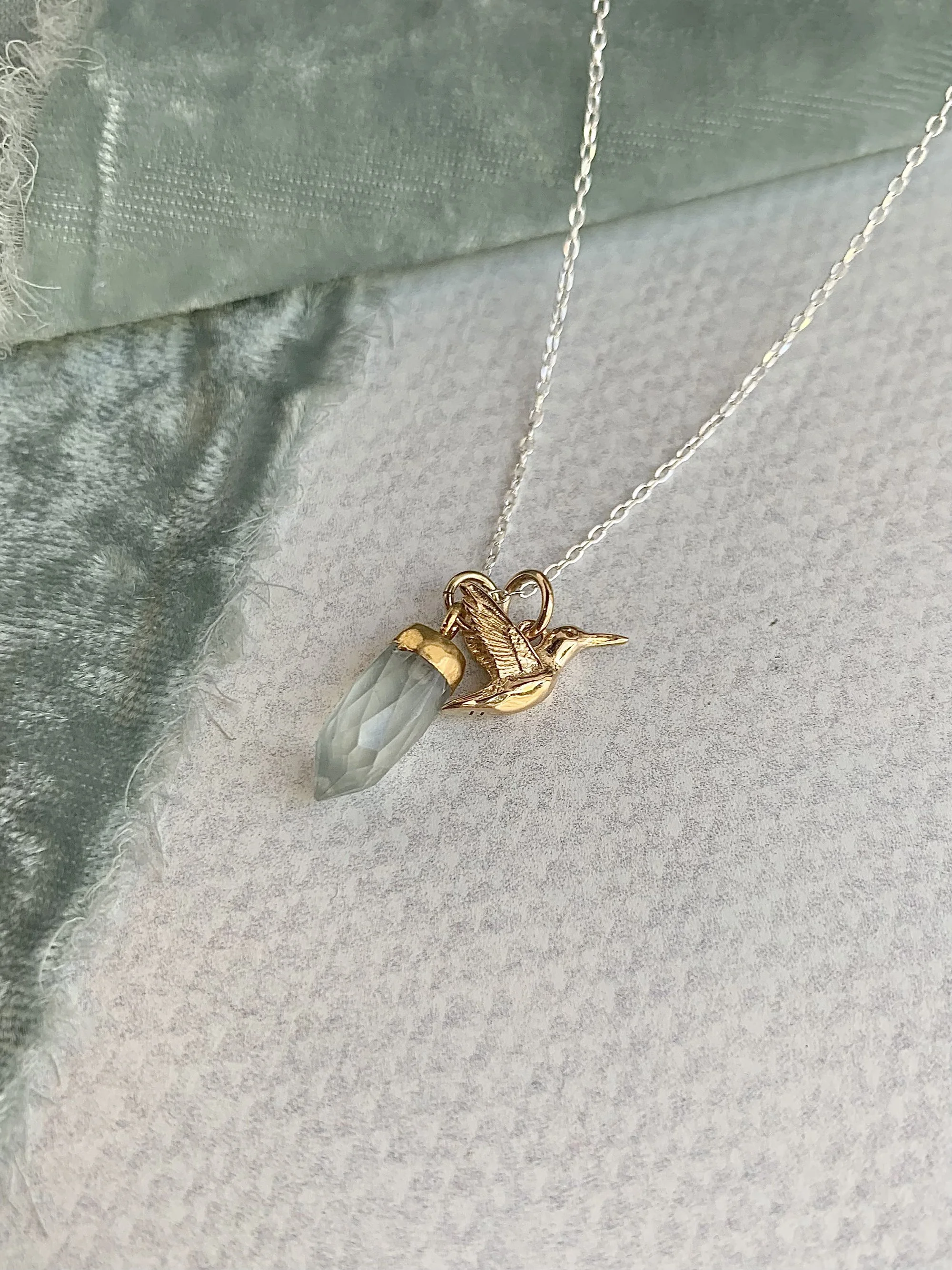 Bronze Gentle Hummingbird Prehnite & Silver Necklace