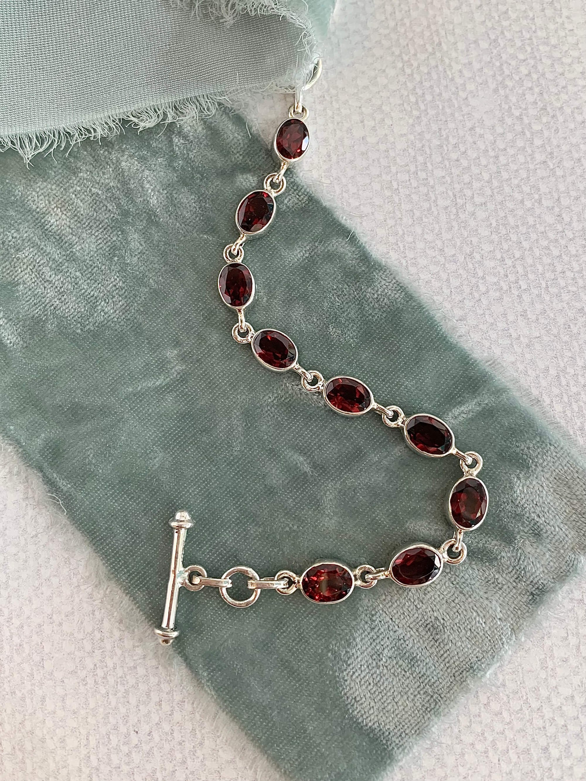 Oval Garnet Silver  Bracelet