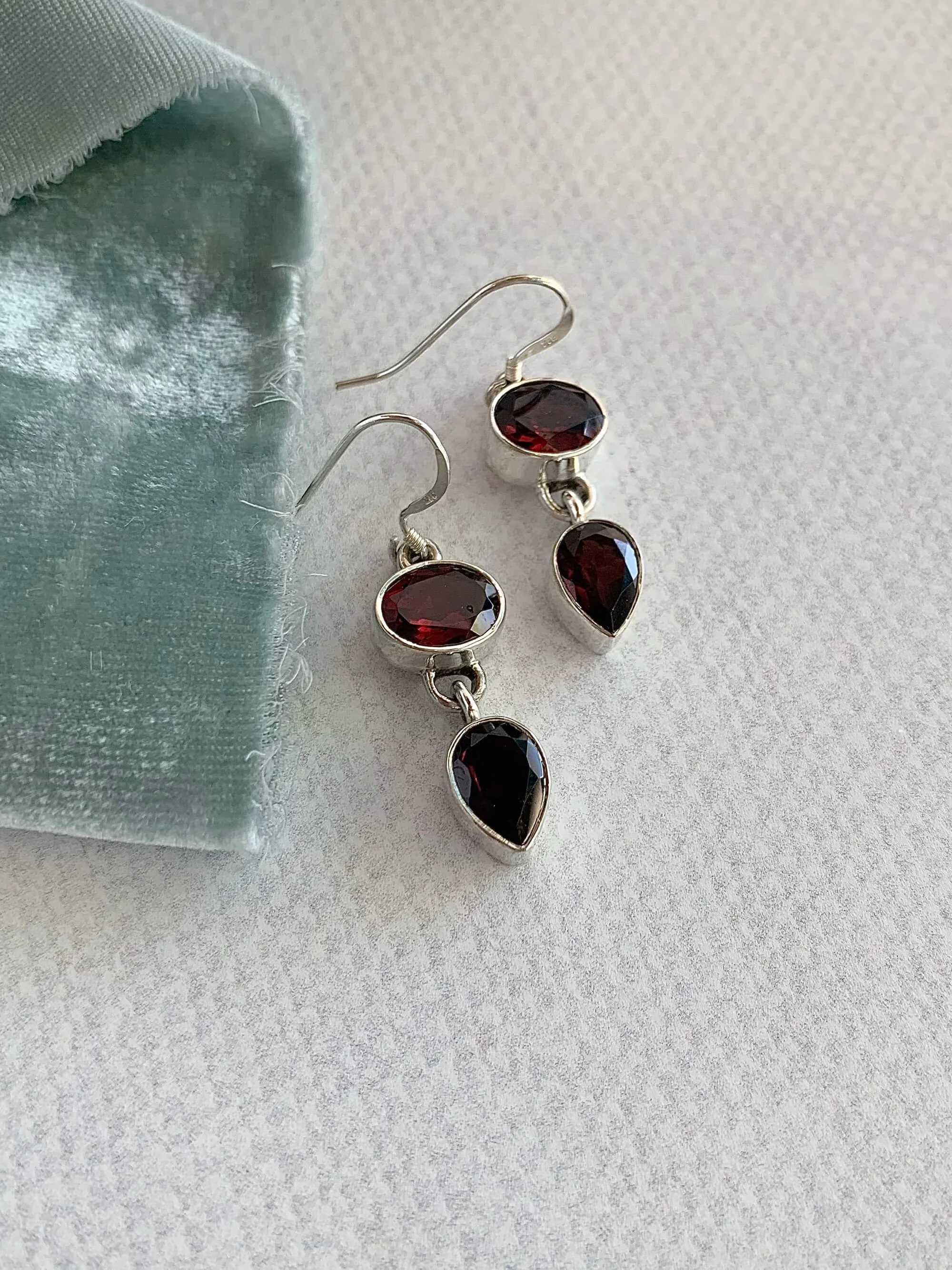 Double Garnet Silver Earrings