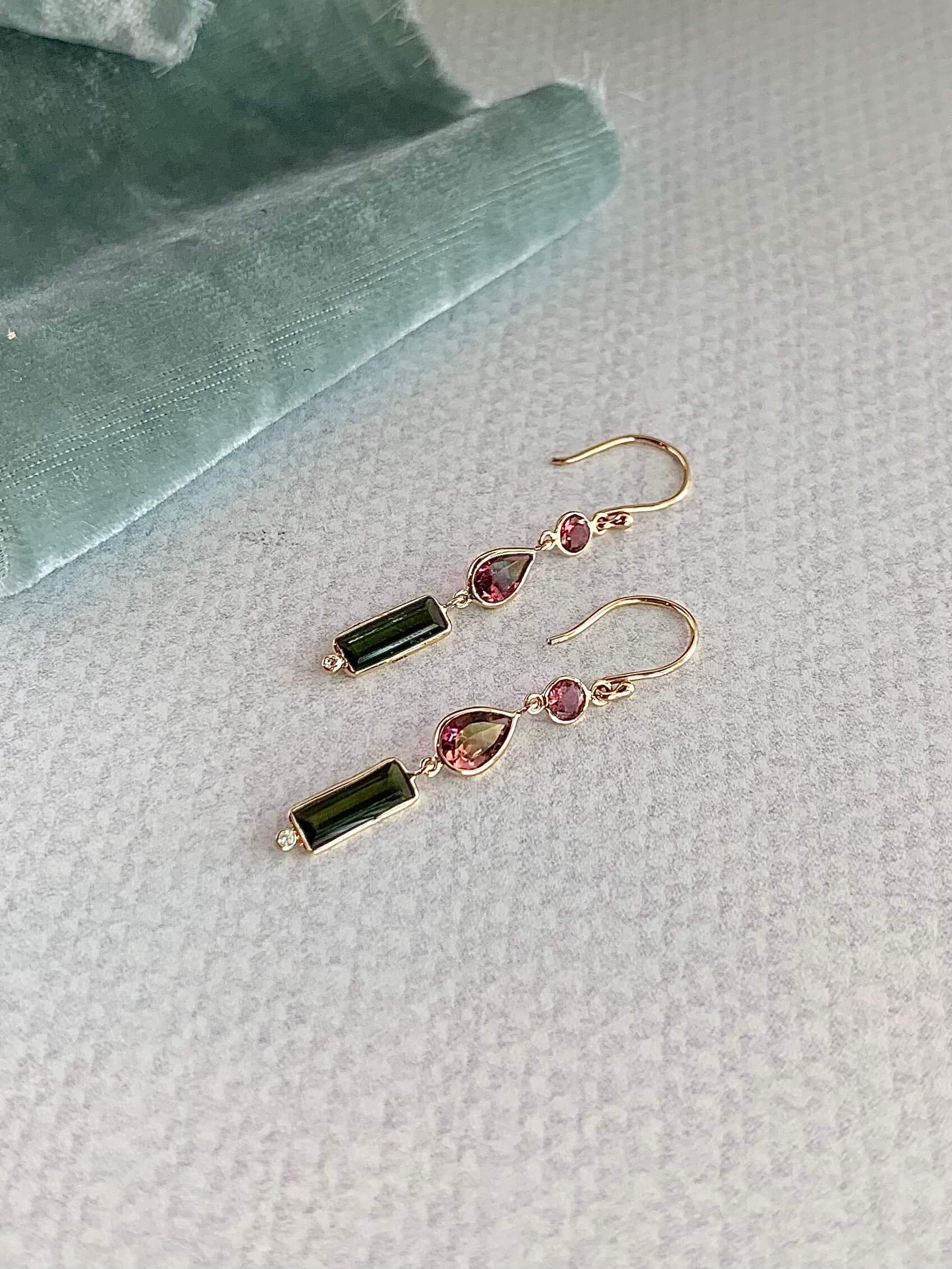 Glowing Mixed Tourmaline 14k Yellow Gold Earrings