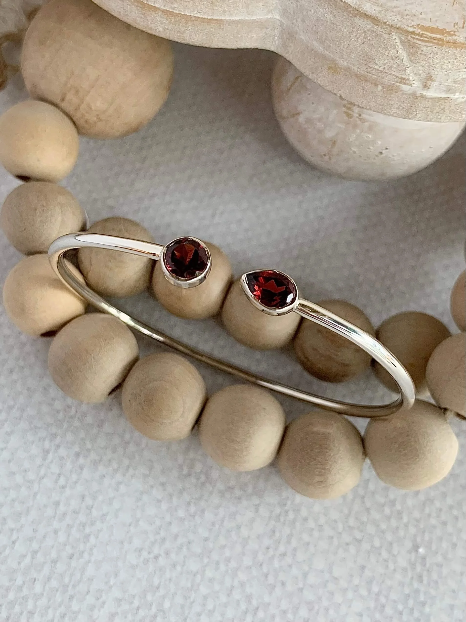 Garnet Two Stone Twist Silver Bracelet