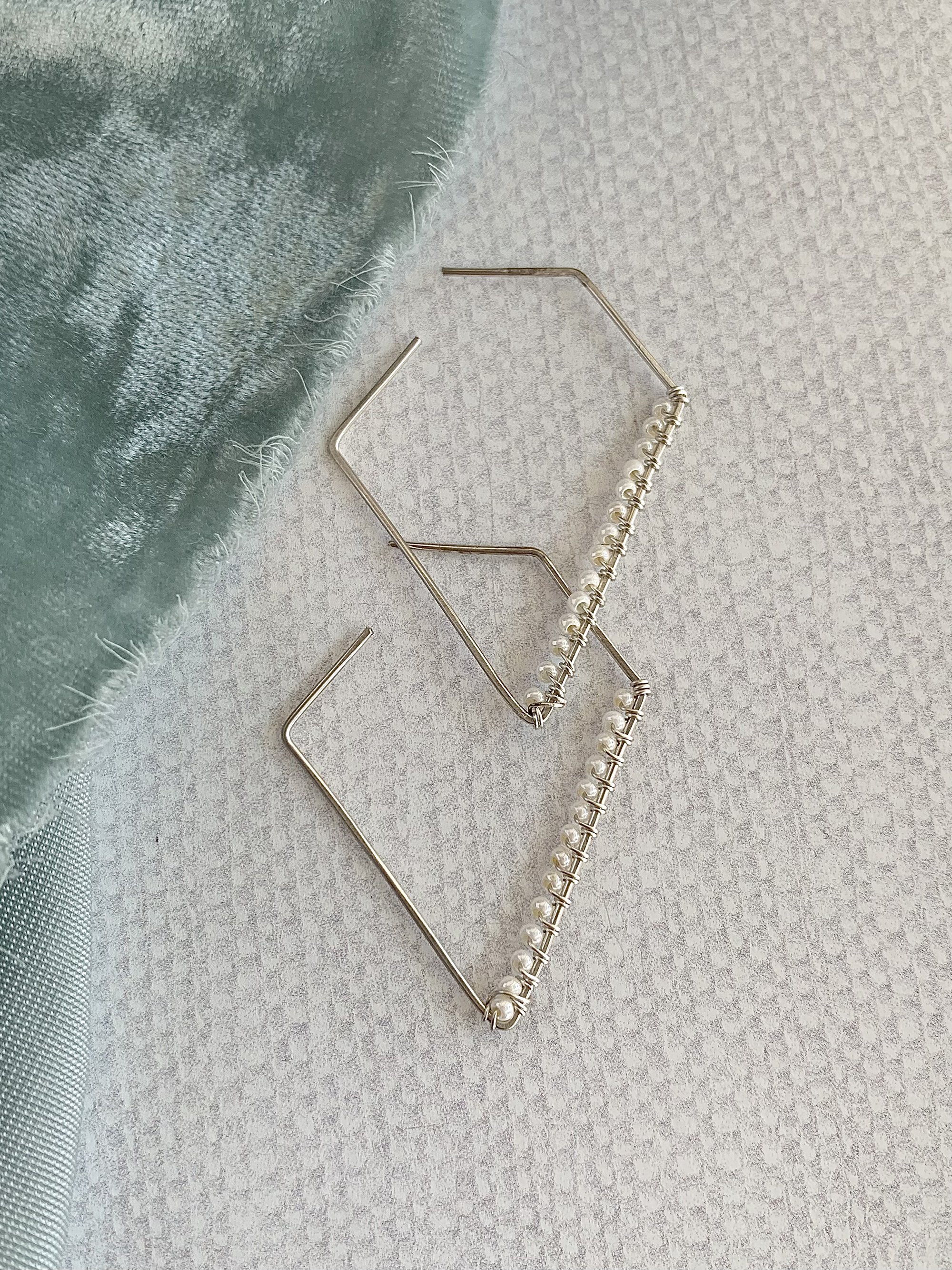 Geometric Pearl Silver Hoop Earrings