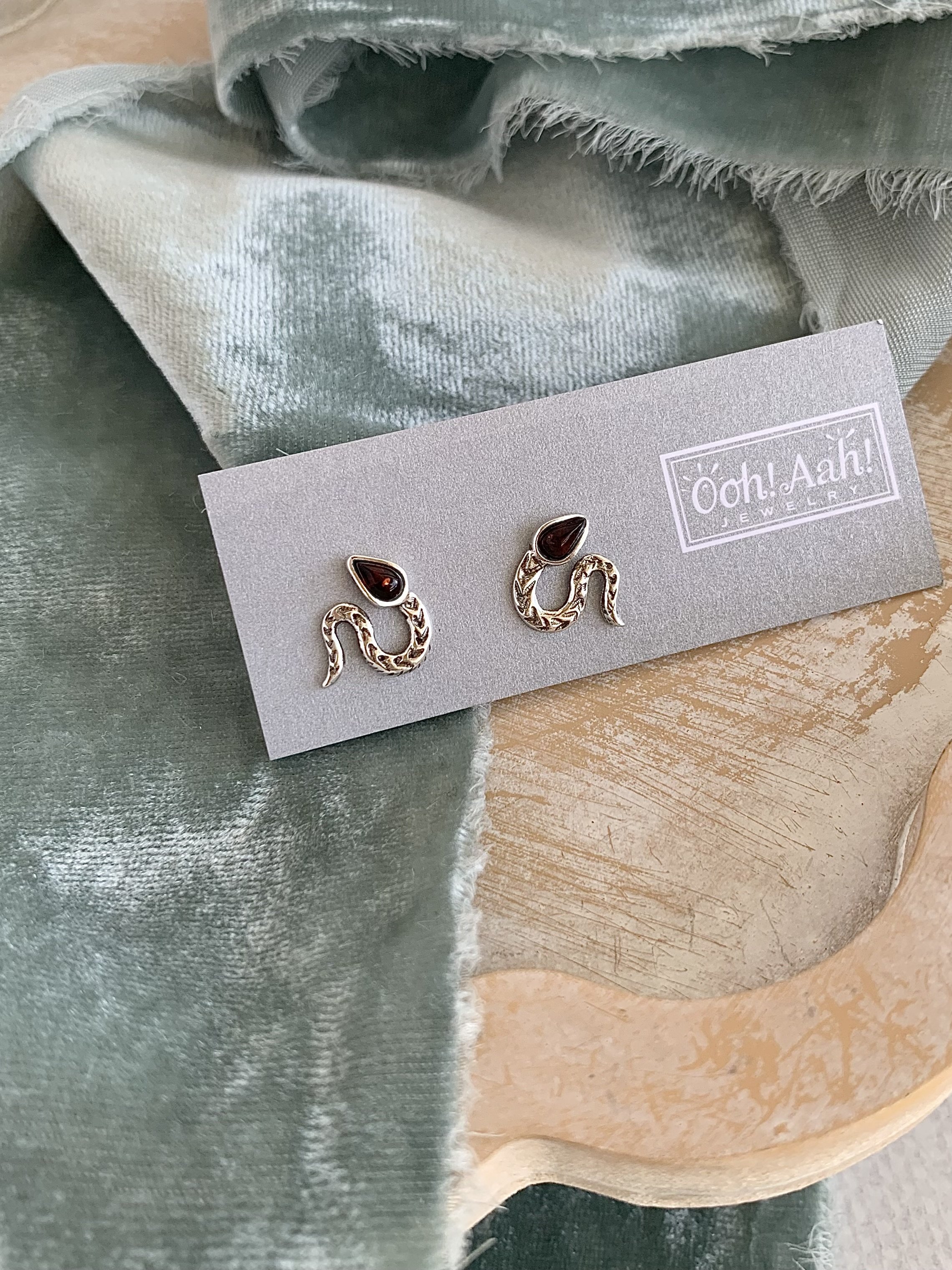 Happy Snake Amber Silver Stud Earrings